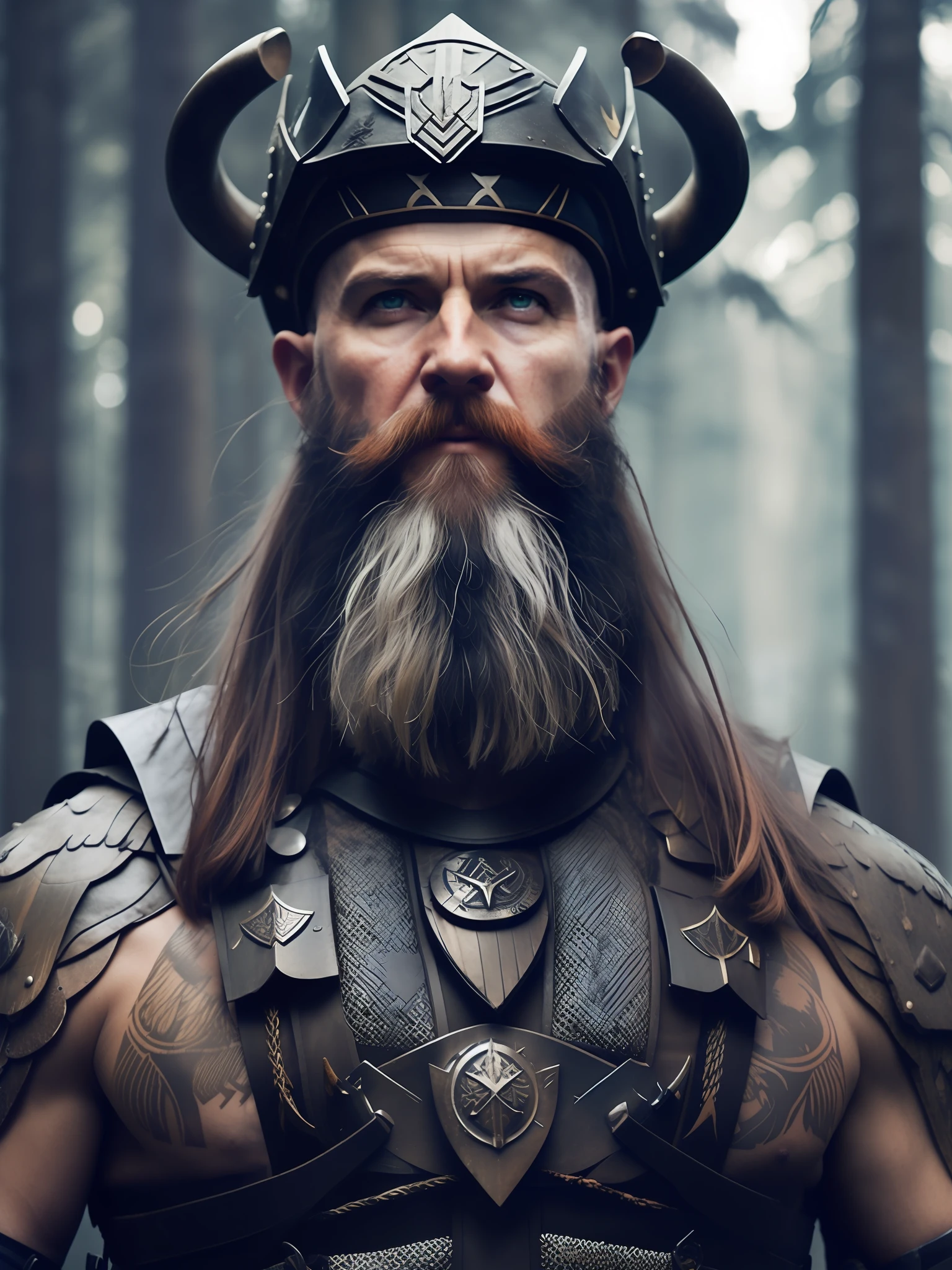 fking_scifi_v2, portrait of a very handsome old Viking warrior, tattooed, hairy body, wearing a Viking helmet in front of a smoky forest, close-up, victory pose and attitude.