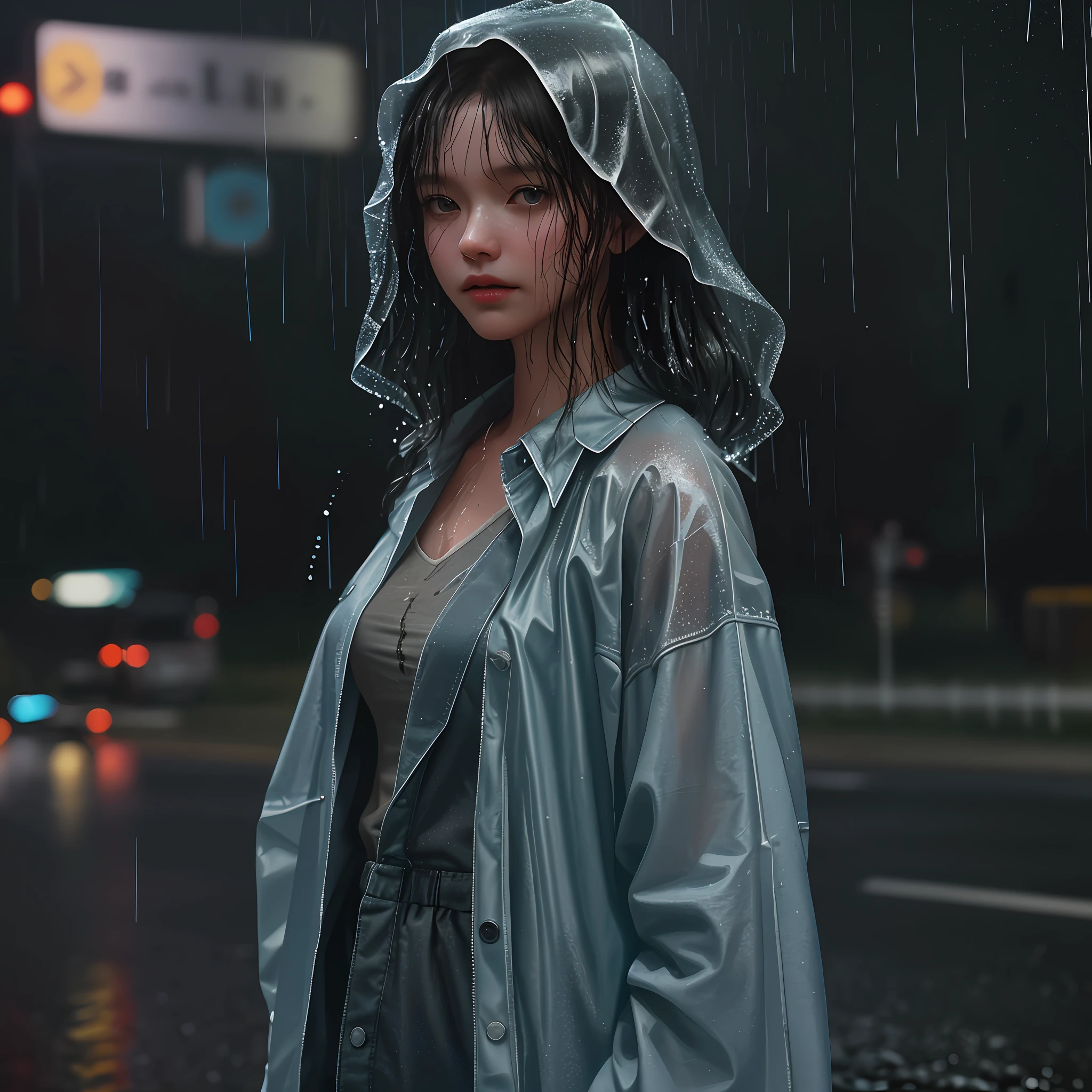 On a rainy night, there was a girl standing on the side of the road, sprinkled with water by passing vehicles, all wet, you can vaguely see the skin on the body, the best picture quality, masterpiece, unparalleled detail, movie mode, cinematic texture,