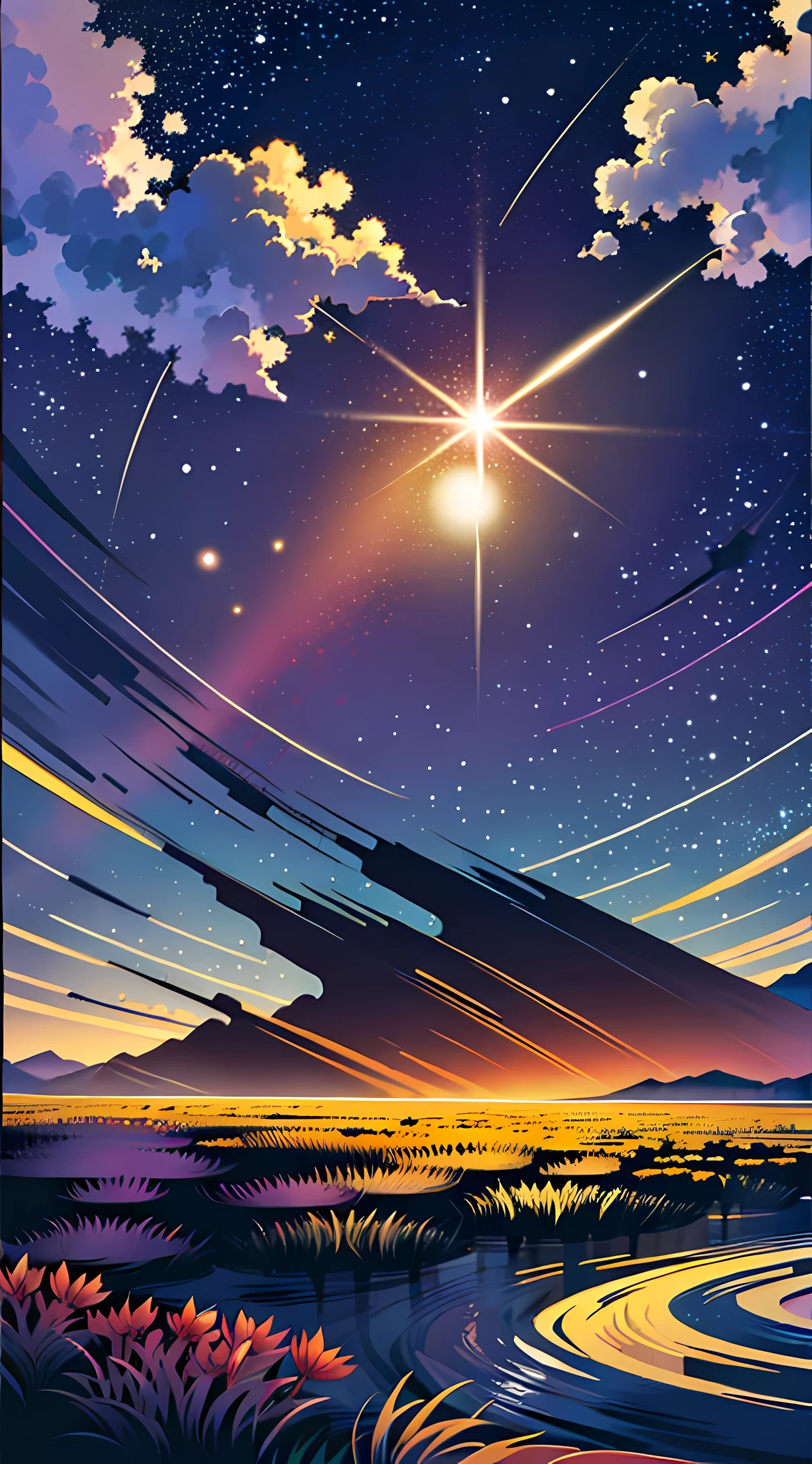 ((A illustration of a very vast fantastic starry sky and mysterious landscape)), masterpiece, BREAK , best quality, ultra detailed, hyper realistic, 16k, high resolution, BREAK , Design an image with a fisheye lens effect, capturing a wide field of view with a distinctive, curved perspective. BREAK , (dutch angle:1.2), BREAK , (Dynamic Composition:1.3), (Viewed from below:1.4), (Wide shot from back:1.4), (zoomed out:1.2), BREAK , (A woman with medium straight hair is sitting in a field of flowers with her dog Cavalier King Charles Spaniel in her arms and looking up at the sky:1.5). BREAK , Midnight starry sky, (Yellow full moon:1.3), (Meteor shower:1.3), (Cloud:1.2), Distant mountains, Trees, Fireflies, BREAK , Colorful vibrant starry sky, Dark blue tone, moonlight, Beautiful dark purple dark blue dark orange dark yellow lighting, Glow Lighting, Atmospheric Lighting, Cinematic lighting, Sparkle, Glowing light, Award-winning, Concept art,