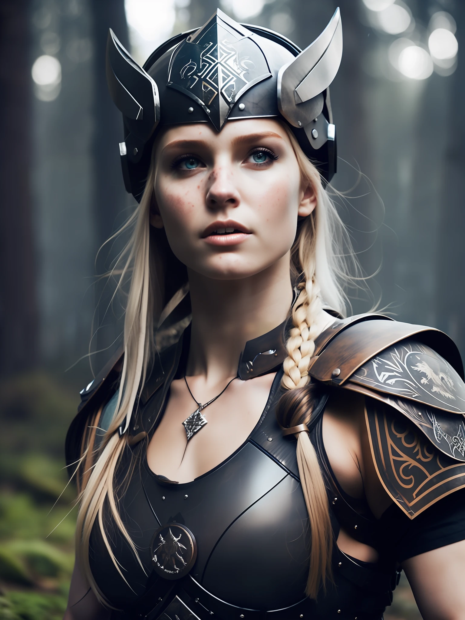fking_scifi_v2, portrait of a very beautiful young blonde Viking warrior, tattooed, gorgeous body, wearing a Viking helmet in front of a smoky forest, close-up, victory pose and attitude.
