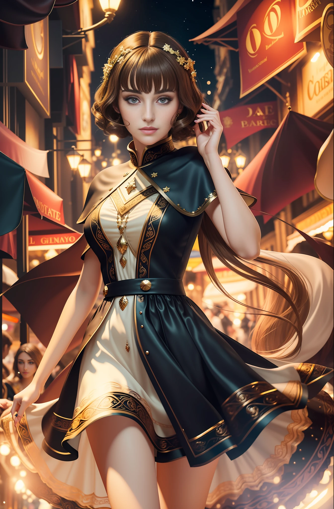best quality, masterpiece, ultra resolution, (unreal engine: 1.4, realistic: 1.4), original photo, masterpiece, best quality, super detail, Illustrations, (bust shot, street, moon light), masterpiece, 1girl, solo exhibition, beautiful woman on bustling street, surrounded by vendors, beautiful goddess girl portrait, beautiful and detailed face, porcelain skin, ((bust lens, center, night, brunette hair, short hair)), super soft lighting, symmetry, complexity, elegance, high detail, realism , art, concept art, smile, fantasy costume, super fine costume,