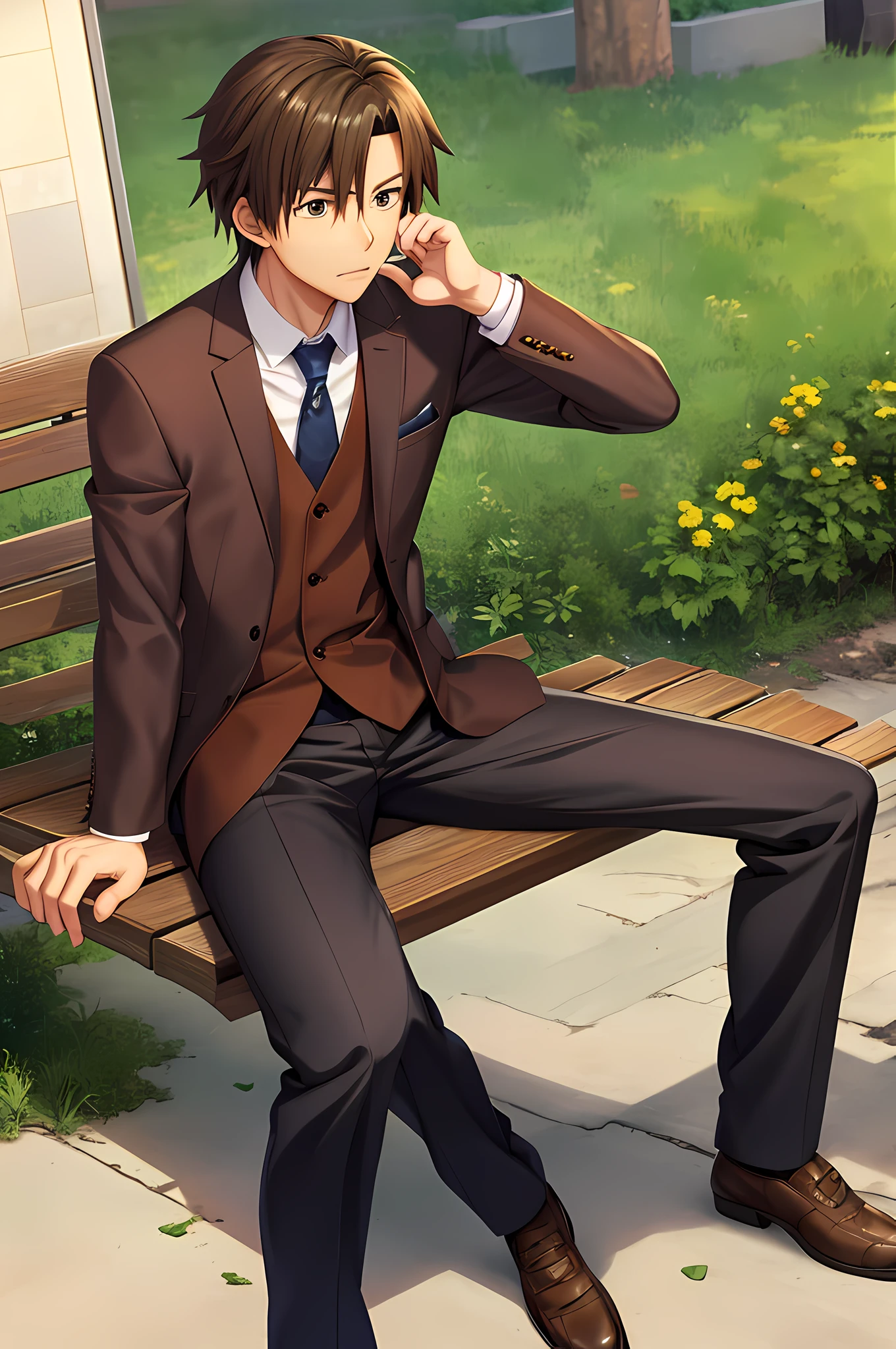 anime character in a brown suit sitting in a bench, crying, smooth anime cg art, makoto shinkai style, handsome anime pose, makoto shinkai. digital render,