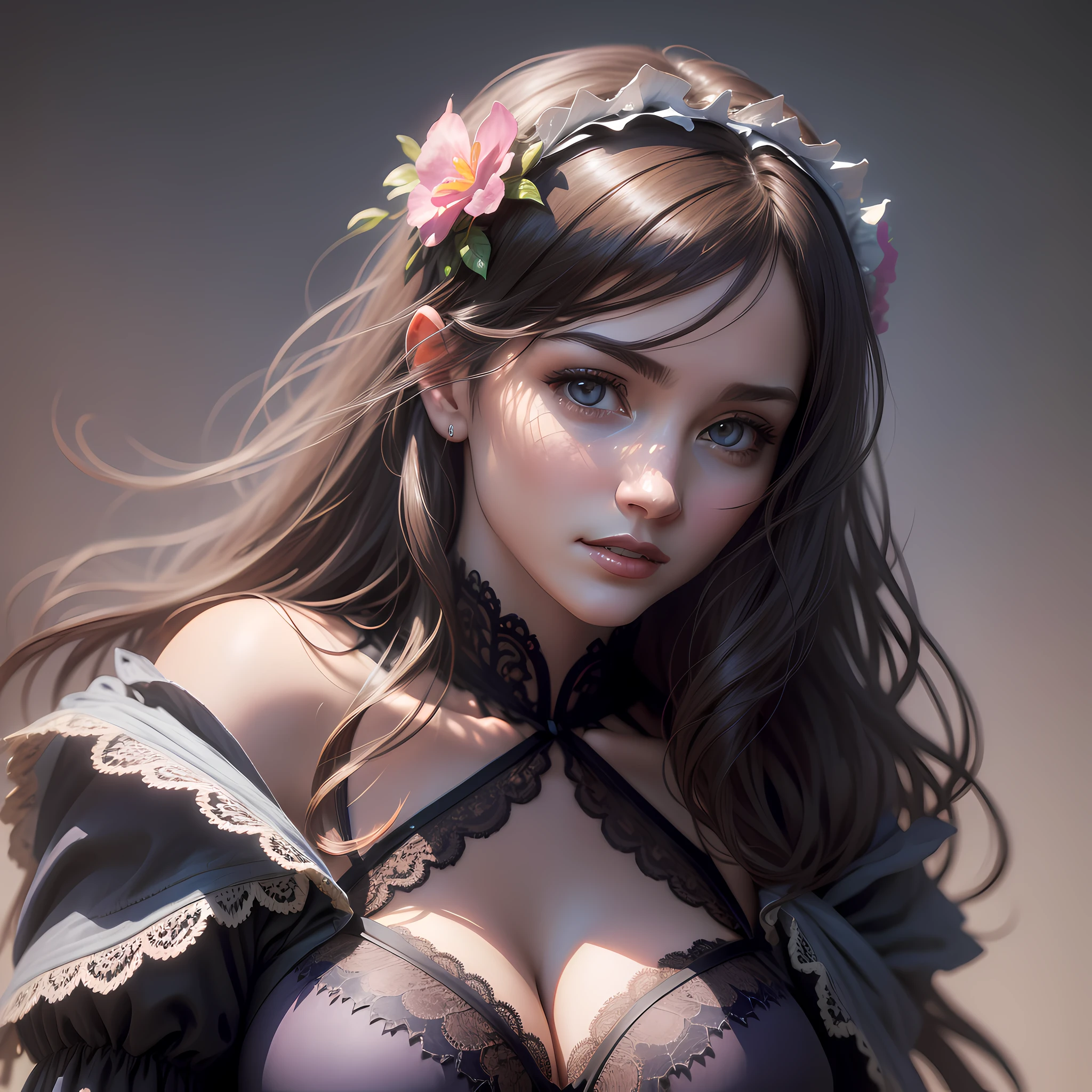 (front focus), (in the dark:1.6), Hyperrealist portrait of female by david hockney and alphonse mucha, fantasy art, photo realistic, dynamic lighting, artstation, poster, volumetric lighting, very detailed faces, big breasts, 4 k, award winning, 1girl, in the dark, deep shadow, low key, cowboy shot, (sexy lace clothing:1.4), long hair, black hair