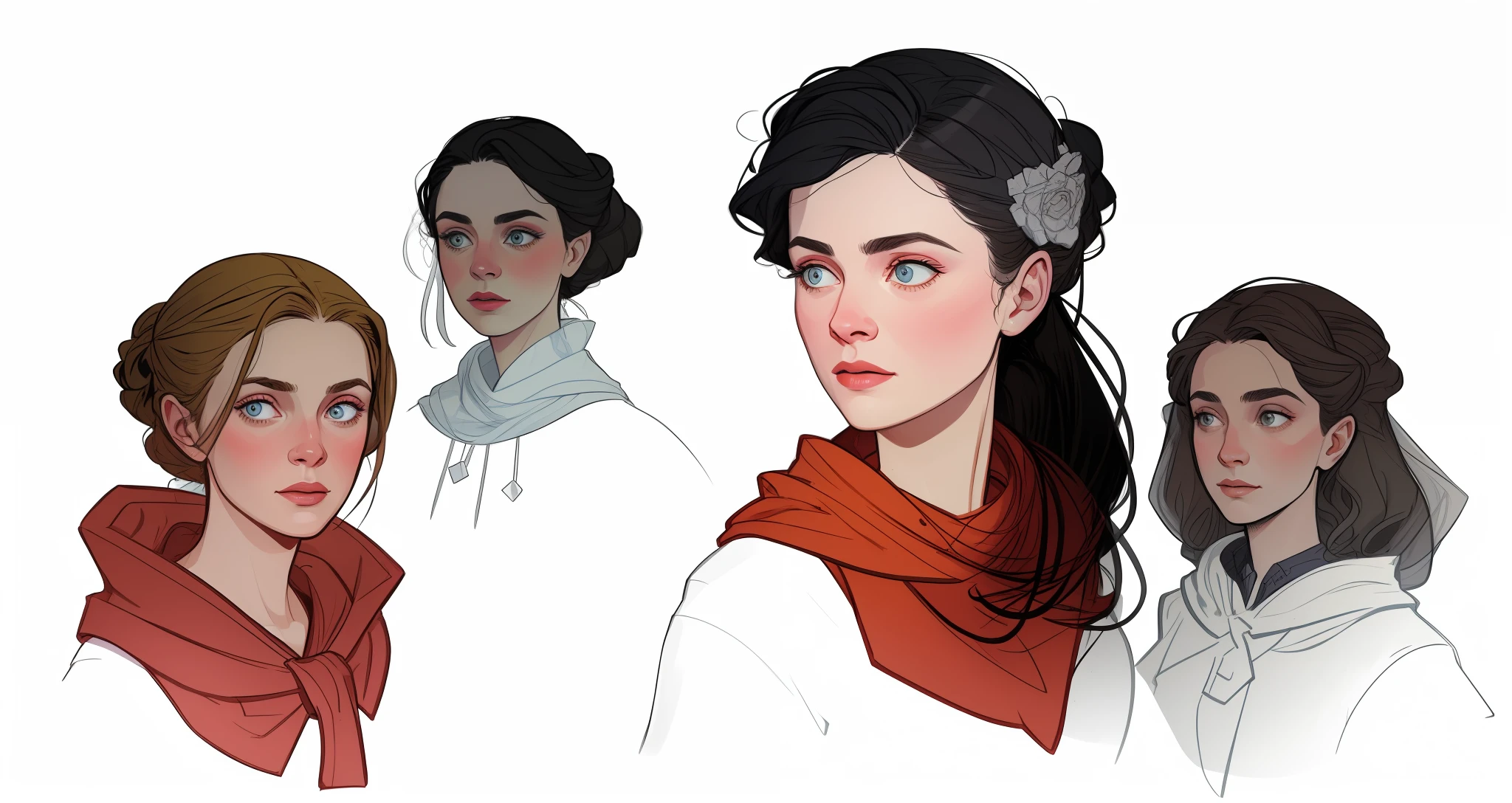masterpiece, best quality, hyper detailed gouache portrait of a gorgeous woman speaking with other people, group conversation, character art portrait, detailed character portrait, epic scene illustration, graphic novel scene, dramatic tense scene