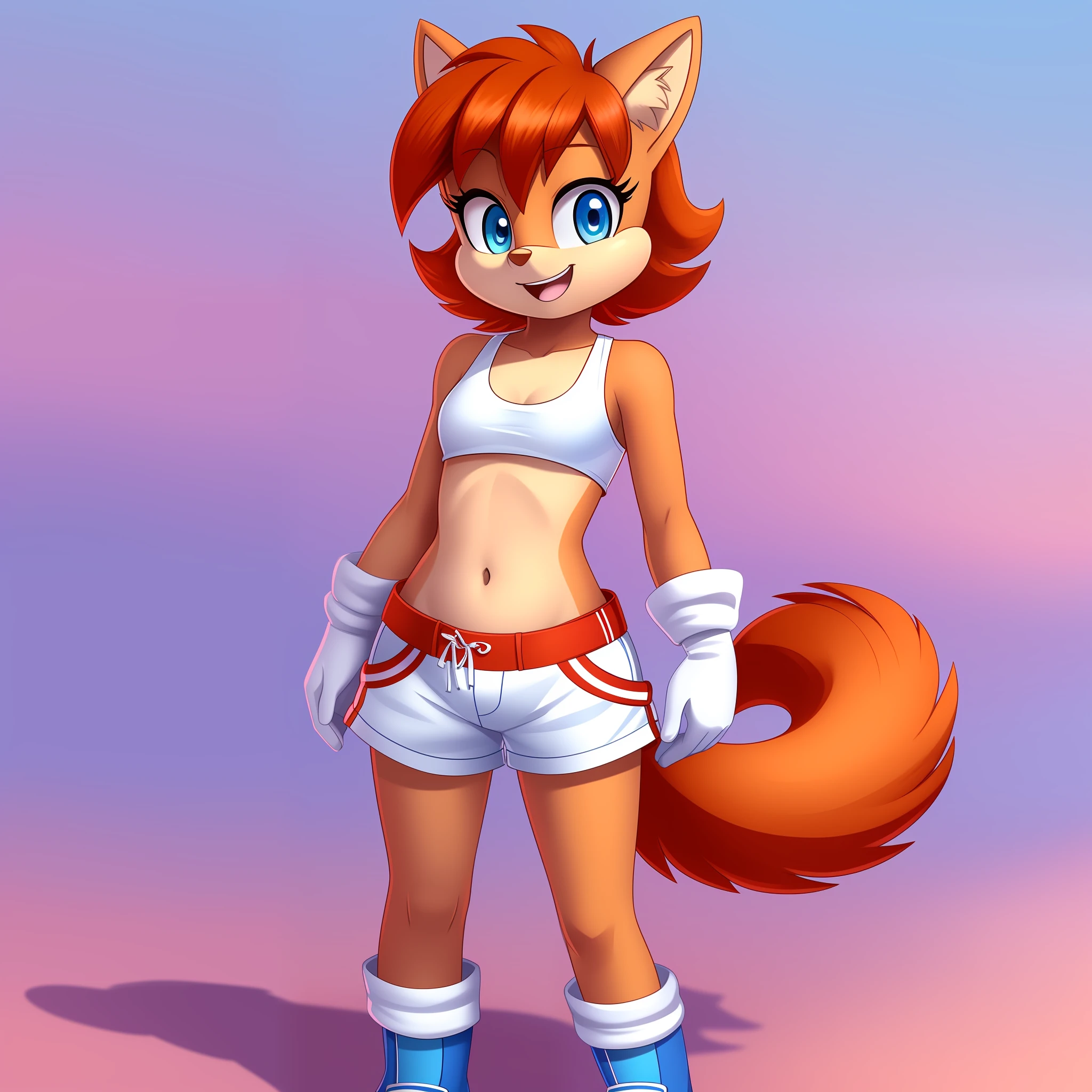 UHD, beautiful and detailed picture of Sally Acorn, {child, ???, very young: 1.4}, 1girl, solo, crop top, gloves, (short tail: 1.3), smile, blue eyes, blue footwear, animal ears, striped background, navel, full body, furry female, furry, midriff, striped, boots, standing, white gloves, orange fur, brown fur, (((no breasts, flat chest: 1.4))), closed mouth, sleeveless, short hair, animal nose, brown hair, signature, clenched hands, shorts, looking to the side, bare shoulders, bangs, orange hair, body fur, two-tone fur, sleeveless shirt, happy, stomach, artist name, white fur