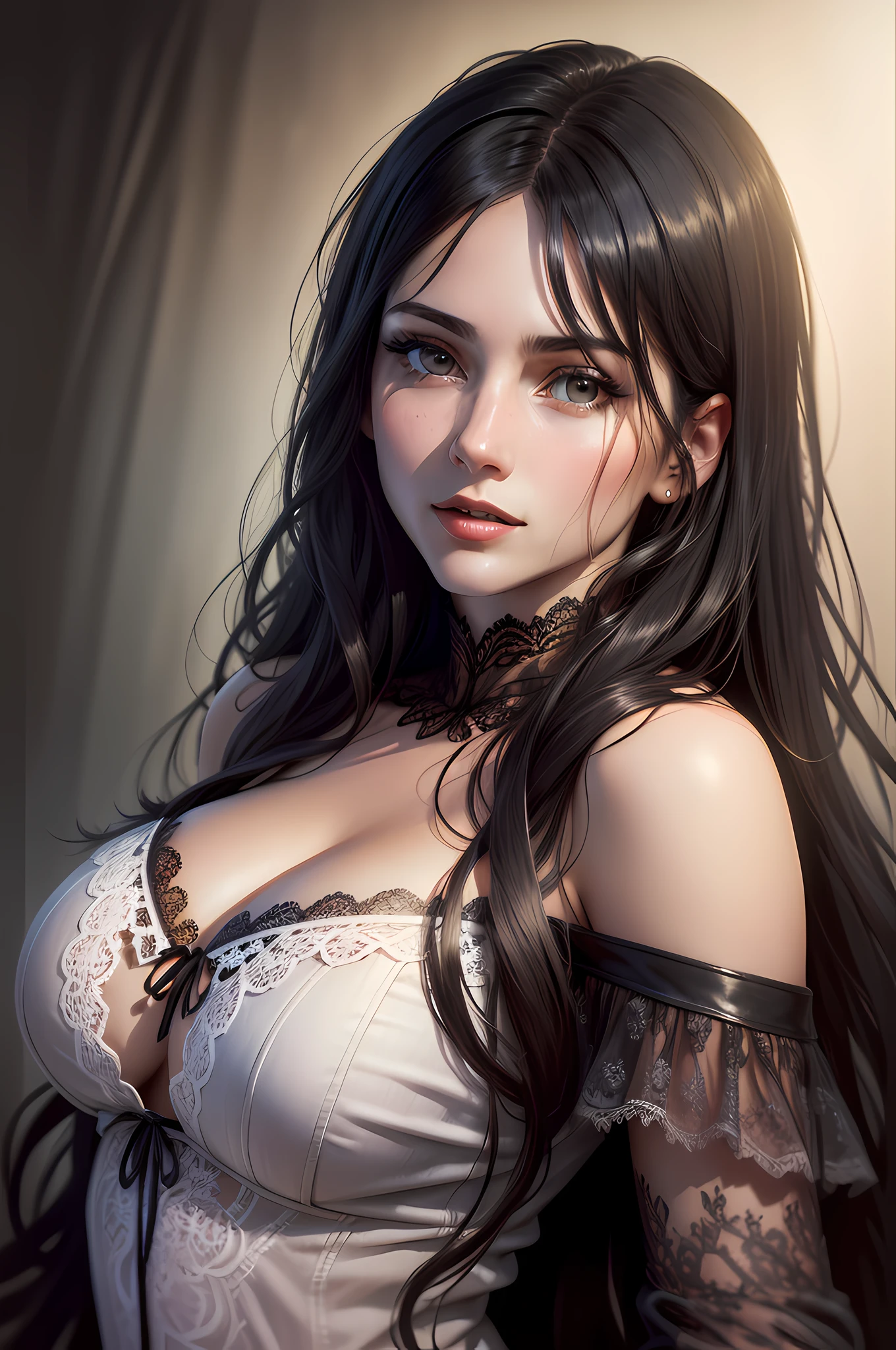 (front focus), (in the dark:1.6), Hyperrealist portrait of female by david hockney and alphonse mucha, fantasy art, photo realistic, dynamic lighting, artstation, poster, volumetric lighting, very detailed faces, big breasts, 4 k, award winning, 1girl, in the dark, deep shadow, low key, cowboy shot, (sexy lace clothing:1.4), long hair, black hair