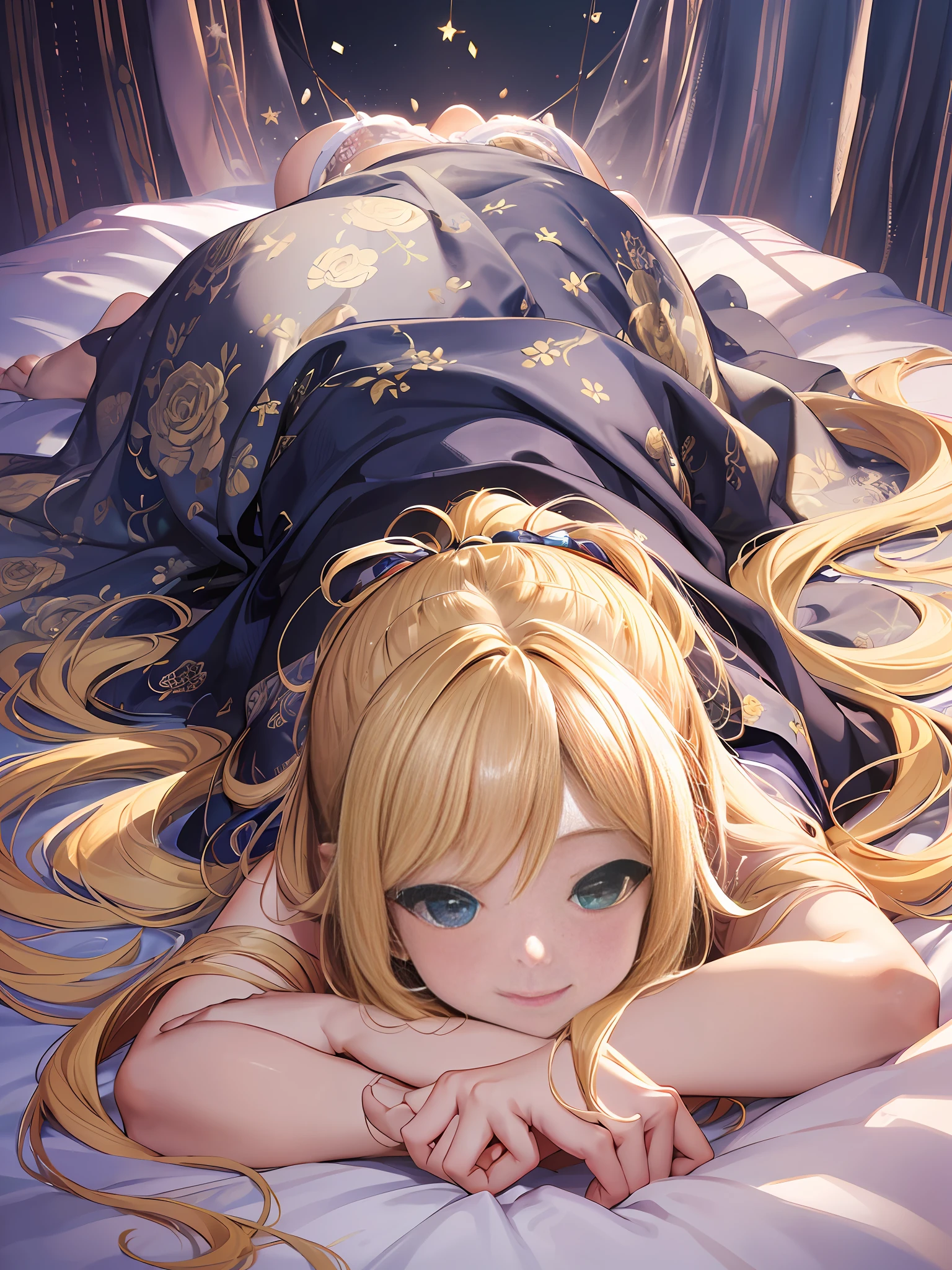 Masterpiece, Best Quality, Official Art, (Highly Detailed CG Unity 8k wallpaper), Detailed background, (Hands by Guido Daniele: 1.1), Feet out of frame, First Person View, 1, Beautiful woman who is attractive and perfect, Lying face down on the bed, Turning away, (Curvaceous), (((Sleepy: 1.14))), (Sticking out your butt)))), (Pajamas, sleepwear, underwear, white thighs: 1.12 (Blonde Longhair: 1.12), (Ahoge: 1.13), (High Ponytail: 1.12), (Green Eyes: 1.13), Look at the Beholder, Big, (cleavage), Beautiful Face, (Blush: 1.11), (Smile: 1.11)