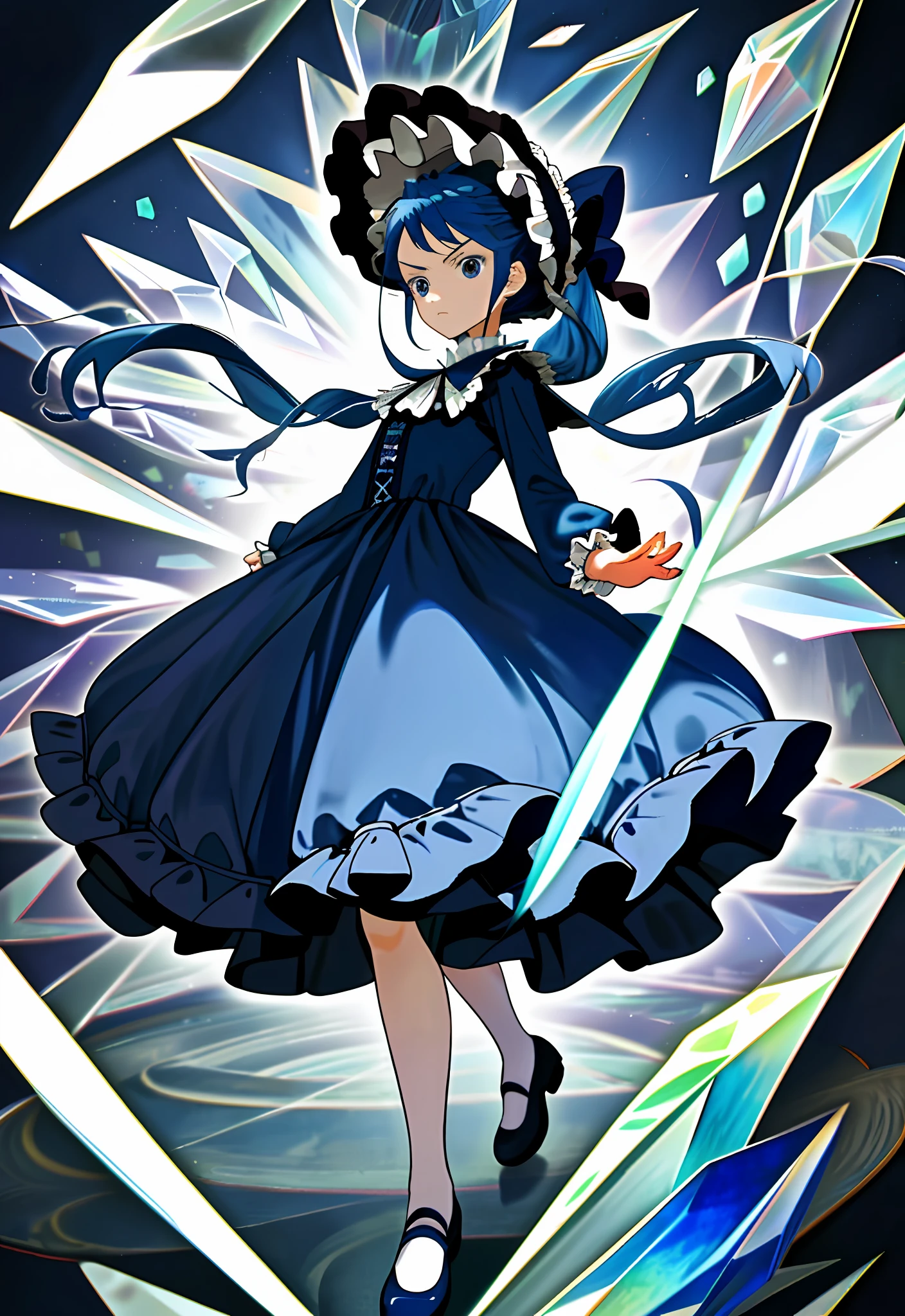 (best quality, masterpiece)1 little girl, long blue hair, half updo, expressionless face, glaring, long navy blue Lolita style dress, bonnet hat, full body, fighting motion pose, crystal flower on bonnet, surround by thread, cute