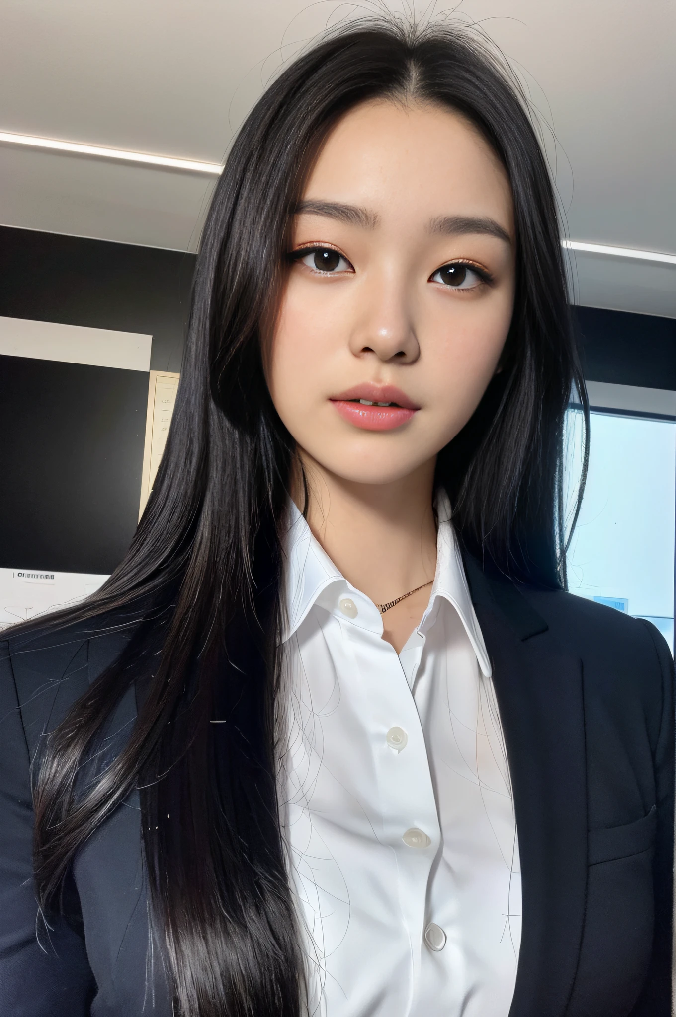 Beauty 1 person: 1.5, (black straight hair), (ultra detailed face and skin texture, ultra detailed eyes, double eyelids, ultra detailed eyes), clear focus: 1.2, dark blue suit, white Y-shirt, office district: 1.3, full body: 1.3, walking: 1.3