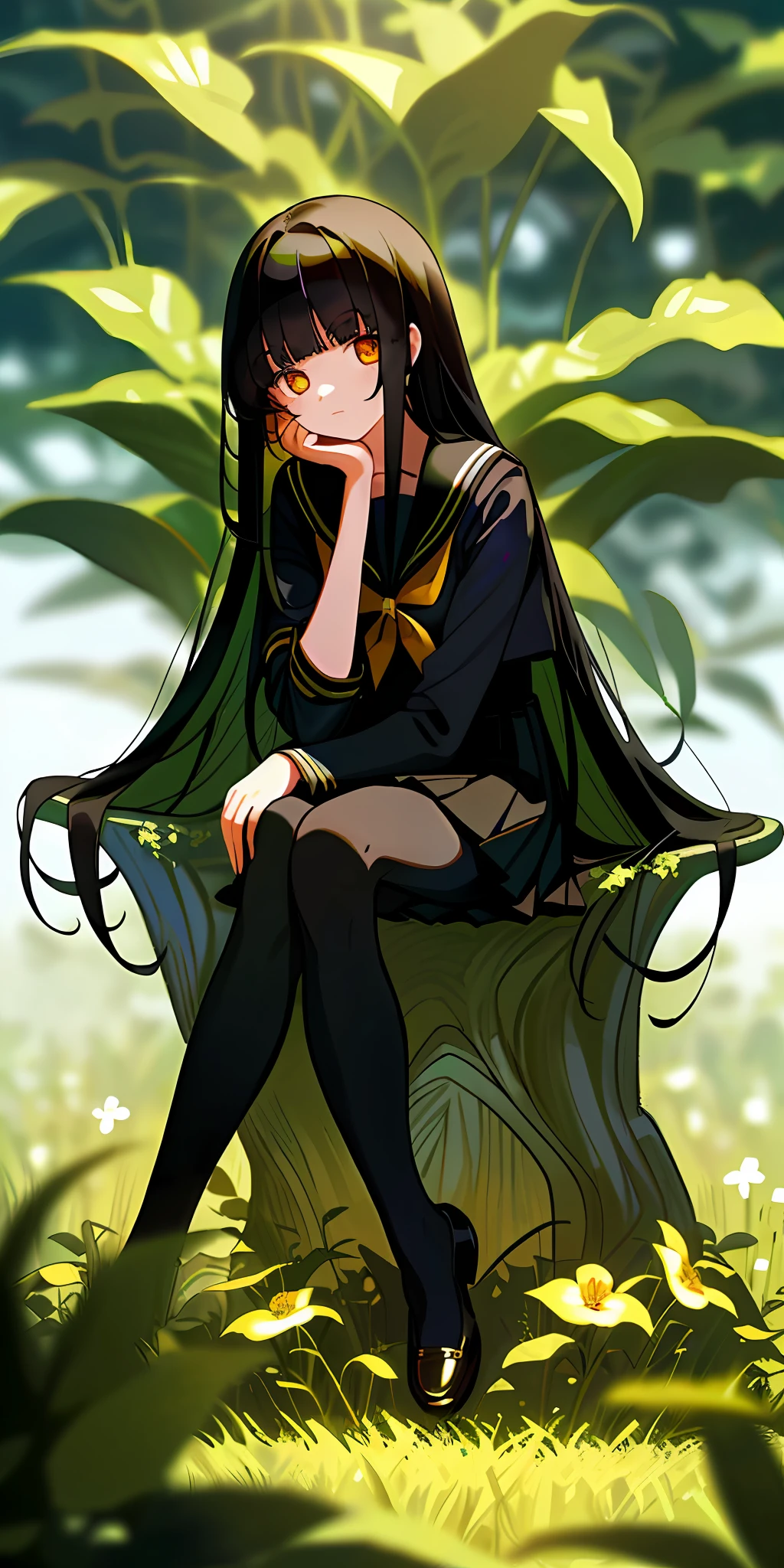 (masterpiece, best quality),1girl with long black hair sitting in a field of green plants and flowers, her hand under her chin, warm lighting, blurry foreground, full body, looking at viewer, holding, bangs, solo focus, black sailor suit school uniform, golden eyes, small breast
