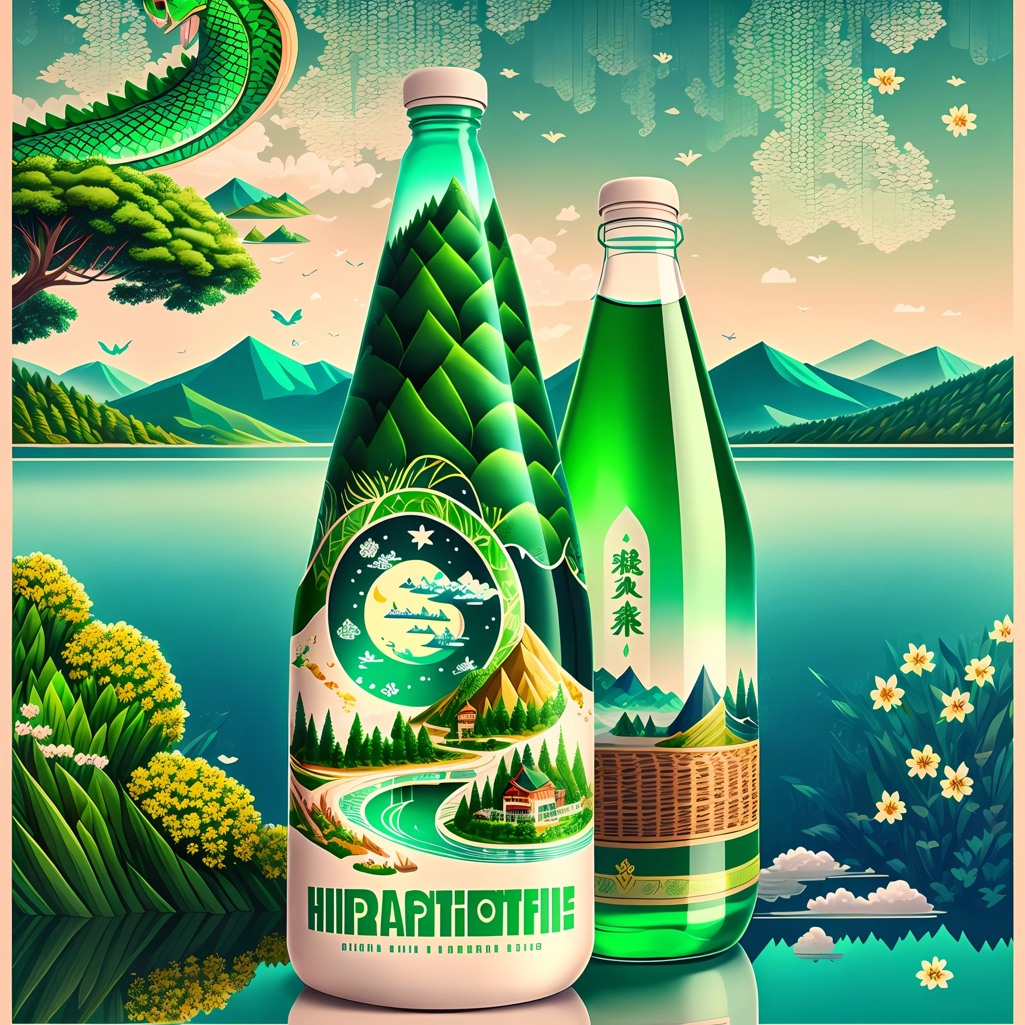 The background of the poster is a beautiful lake and green hills and trees. In the center of the picture is a beautiful mineral water bottle with a cute dragon boat on the bottle, symbolizing the spirit of the Dragon Boat Festival. The poster is printed with the big letters "Happy Dragon Boat Festival!" and "Drink mineral water and live the festive season healthily" --auto --s2