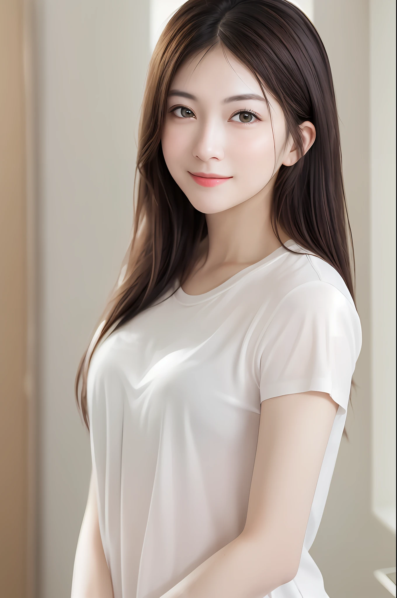 Dressed, (Photorealistic: 1.4), (Hyperrealistic: 1.4), (Realistic: 1.3), (Smooth Lighting: 1.05), (Improved Cinematic Lighting: 0.9), 32K, 1 Girl, Beautiful Woman, 20 Year Old Girl, Realistic Lighting, Backlight, Face Lights, Ray Trace, (Whitening Light: 1.2), (Image Quality Enhancement : 1.4), (Best Image Quality: Real Skin: 1.4), Fine Eyes, Fine Face, Fine Eyes, (Joy, Blush), (Tired and Sleepy and Satisfied), Face Up, T-Shirt, (Body Line Mood Increase: 1.1), (Skin Texture Beauty Increase: 1.1)