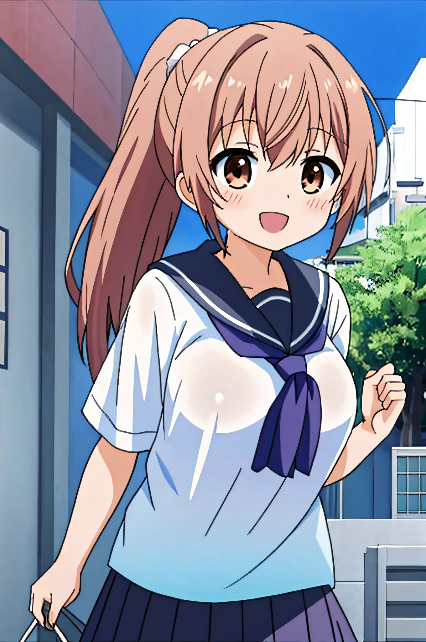 (Best Quality, 8K, Masterpiece, Super Detail Kyoto Animation"-style anime illustration, Best Quality: 1.2), Cinematic Angle,Shikatara no Angle, misaka_mikoto,(kawaii:1.4),Brown Eyes, short_hair,pail pink hair,ponytail,large_breast, watch viewer, Solo,:d, closed_mouth, collared_shirt, school_uniform, shirt, white_shirt,wet,underwear is see-through,nipple chubby,classroom,runninng,hold up skirt,no pantei