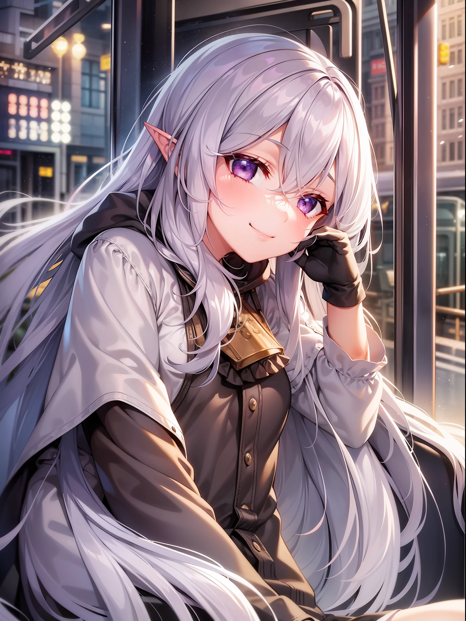 1girl, ((medium-small breasts)), sitting in a tram, smile, light blush, (thin eyebrows:-1), ((straight hair)), (hair intakes:1), white hair, (very long hair), purple eyes, (pointy ears), ((industrial revolution)), (((from front))), close-up, masterpiece,