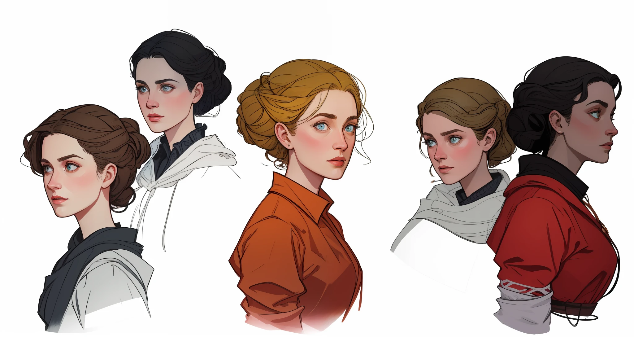 masterpiece, best quality, hyper detailed gouache portrait of a gorgeous woman speaking with other people, group conversation, character art portrait, detailed character portrait, epic scene illustration, graphic novel scene, dramatic tense scene