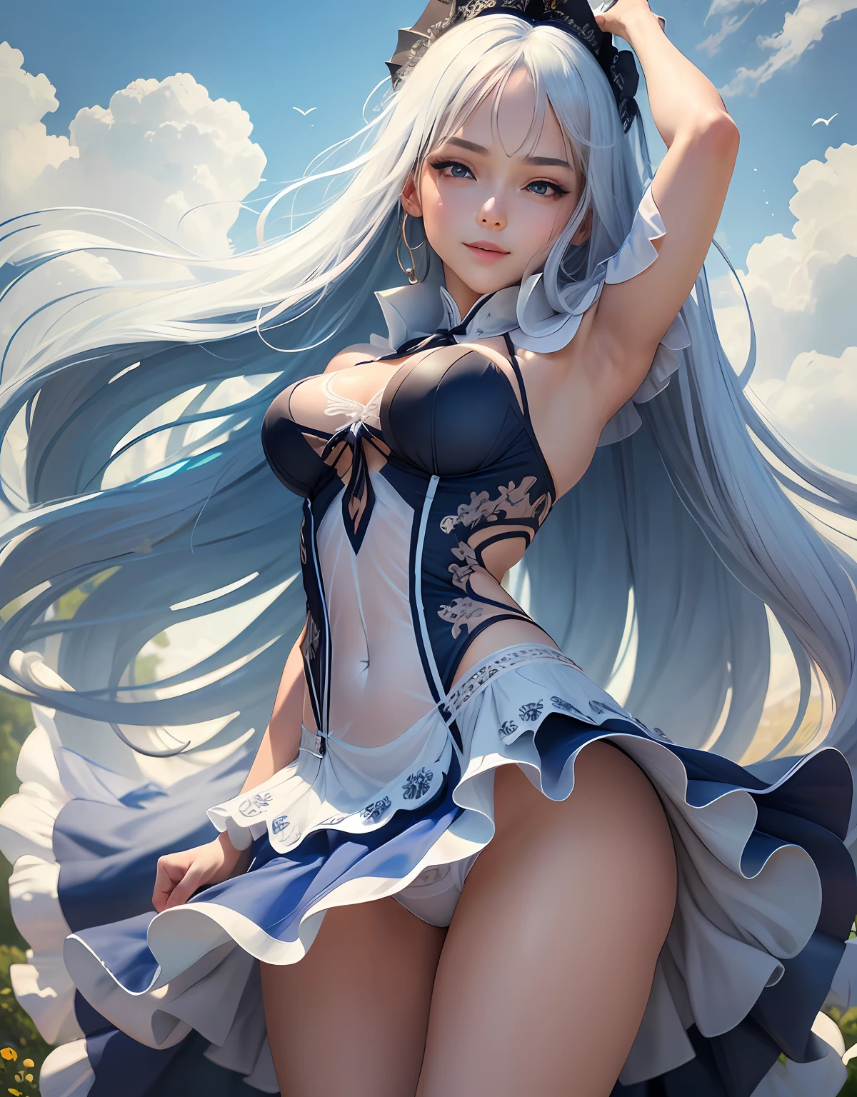 ((Masterpiece)), ((Best Quality)), (Ultra Detail), Best Quality,One pretty woman, Blue eyes, Fair skin, Detailed face, Straight hair, Long hair, Sky blue hair,(((Sky blue see-through dress)), Skirt spreading in the wind,((White sexy underwear visible under the dress)))),(Skinny),(Small breasts),White cape,Princess line,Black string tie, Bangs above one eye,(detail)+, smile, dynamic poses, sexy and beautiful, high detail eyes, wind on stage