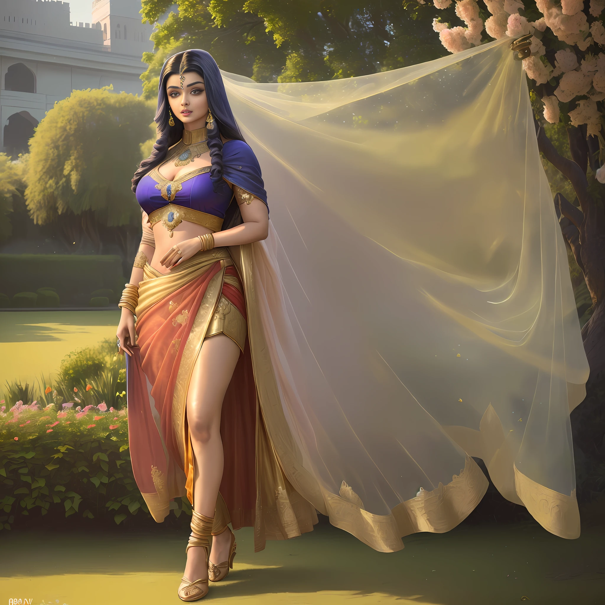 (8k, photo, best quality, masterpiece:1.2), (realistic, photo-realistic:1.37),(solo woman aishwarya rai:1.3), cute, India dress, saree, (solo),(perfect detailed face:1.5), (perfect long style), slender, sensuous, gold jewellery, standing in flowers garden ((background of Royale Indian Palace)), size 2160x1216, (by Atey Ghailan:1.1)