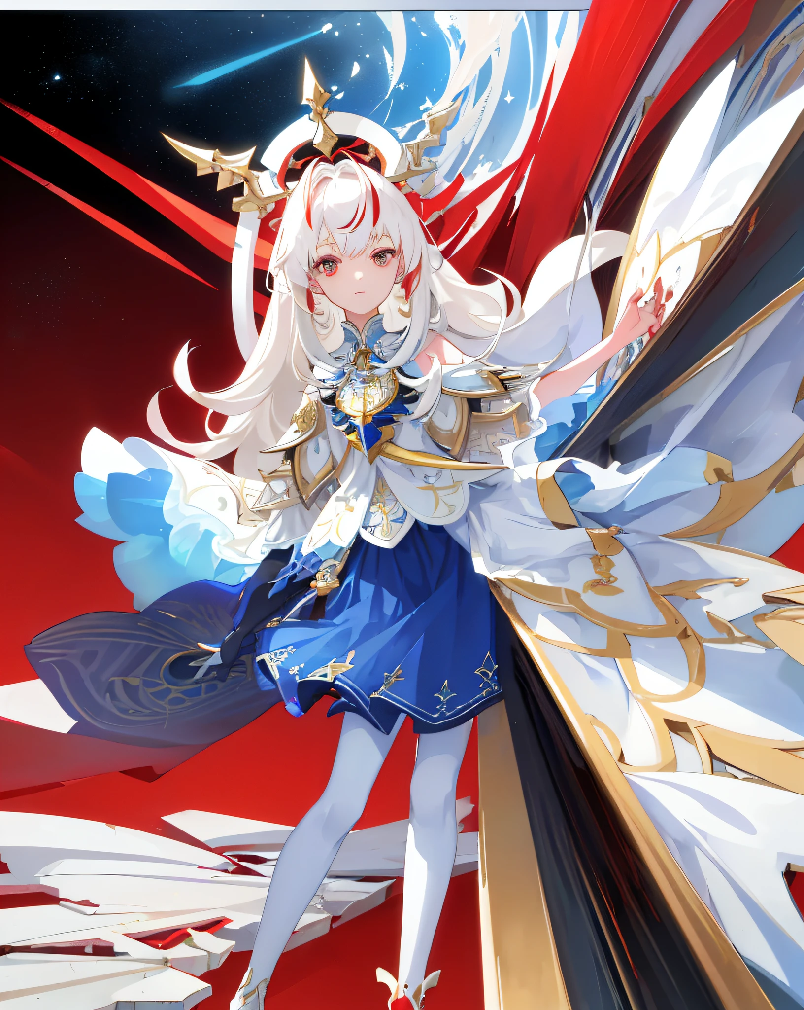 ((masterpiece)), ((high detail)), 1girl,  ((ultra-detailed)),((delicate face)),  Beautiful detailed eyes, (White blonde hair in gradations with red highlights,gradient hair),long hair, floating hair,  ,hairs between eyes, GSHead,1girl ,solo,red eyes,genshin_impact,look at the viewer, ((full_body,distant view)), ((white background)), (Tarot cards border, outside border), Highly reflective mirror-like water underfoot,Step on the lake,,Wide Angle shot, strong light and shadow, cinematographic lens ,