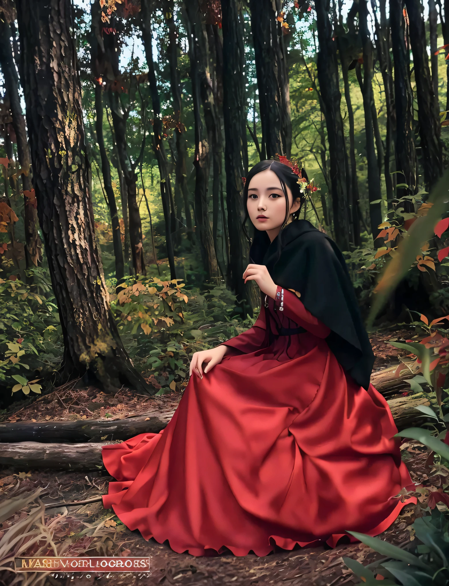 arafed woman in a red dress sitting on a log in a forest, dressed in a beautiful red cloak, lovely dark autumn princess, fantasy photoshoot, woman in a dark forest, take foto by nikon z 6 mark i i, 85 mm lens f 1 . 2. bokeh, swing bikeh, sweet bokeh, relistic bokeh, blur 4 k relistic, in deep forest, sitting in the forrest, witch in the woods, classical witch, in forest, in beautiful woods, in the autumn forest, black and red silk clothing, portrait shot, realistic forest beground,