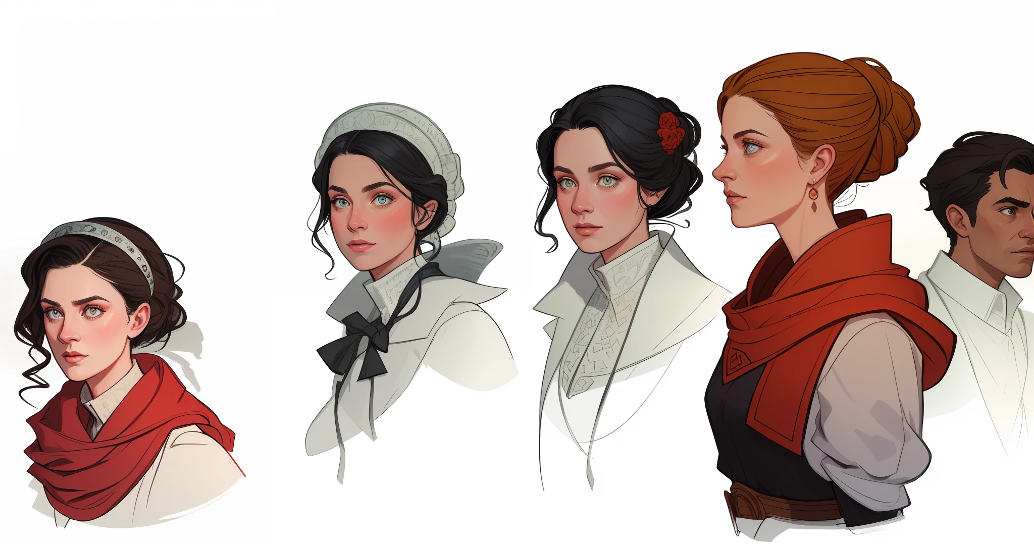 masterpiece, best quality, hyper detailed gouache portrait of a gorgeous woman speaking with other people, group conversation, character art portrait, detailed character portrait, epic scene illustration, graphic novel scene, dramatic tense scene