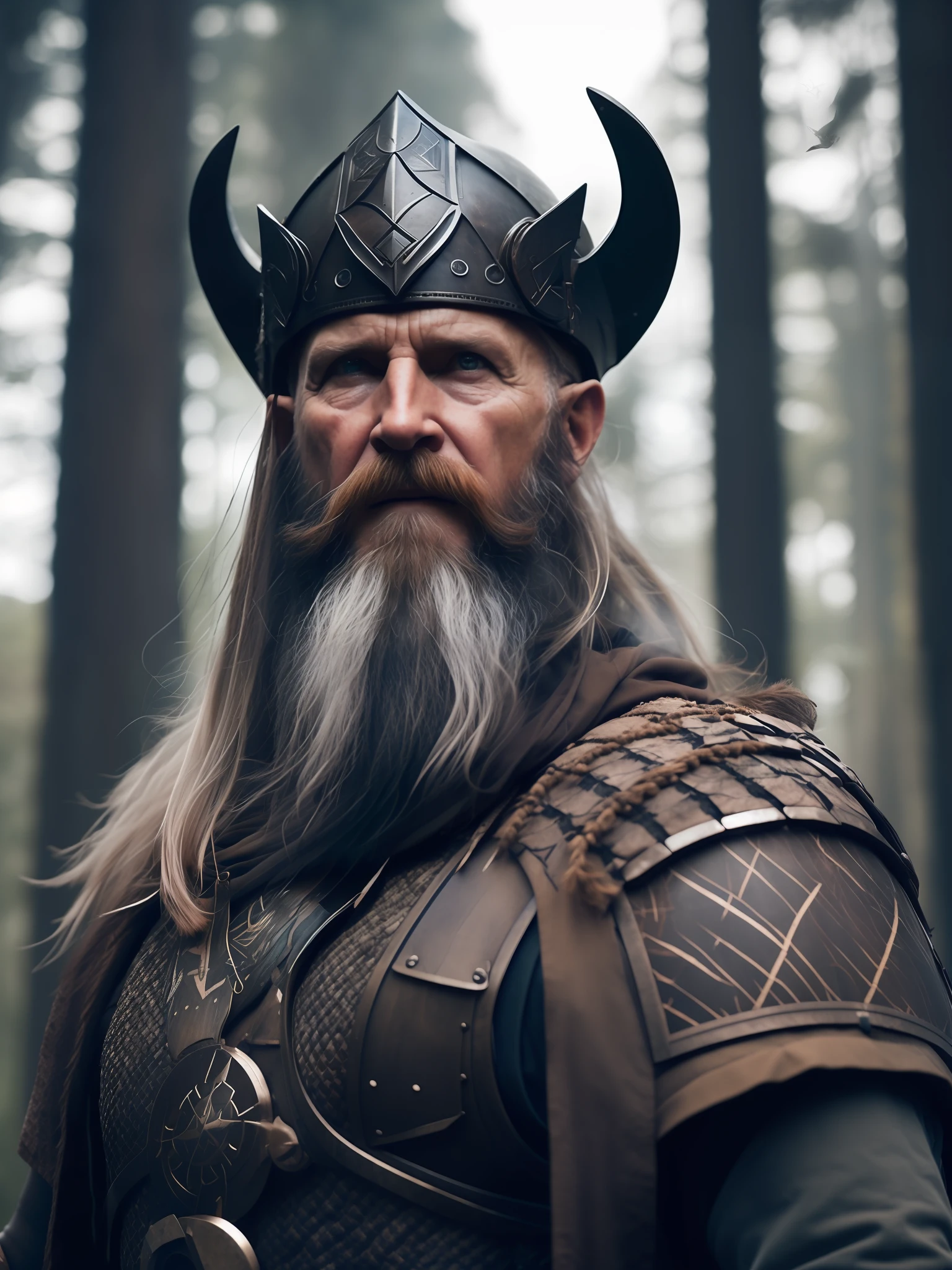 fking_scifi_v2, portrait of a very beautiful elderly Viking warrior, tattooed, perfect body, wearing a Viking helmet in front of a smoky forest, close-up, victory pose and attitude.