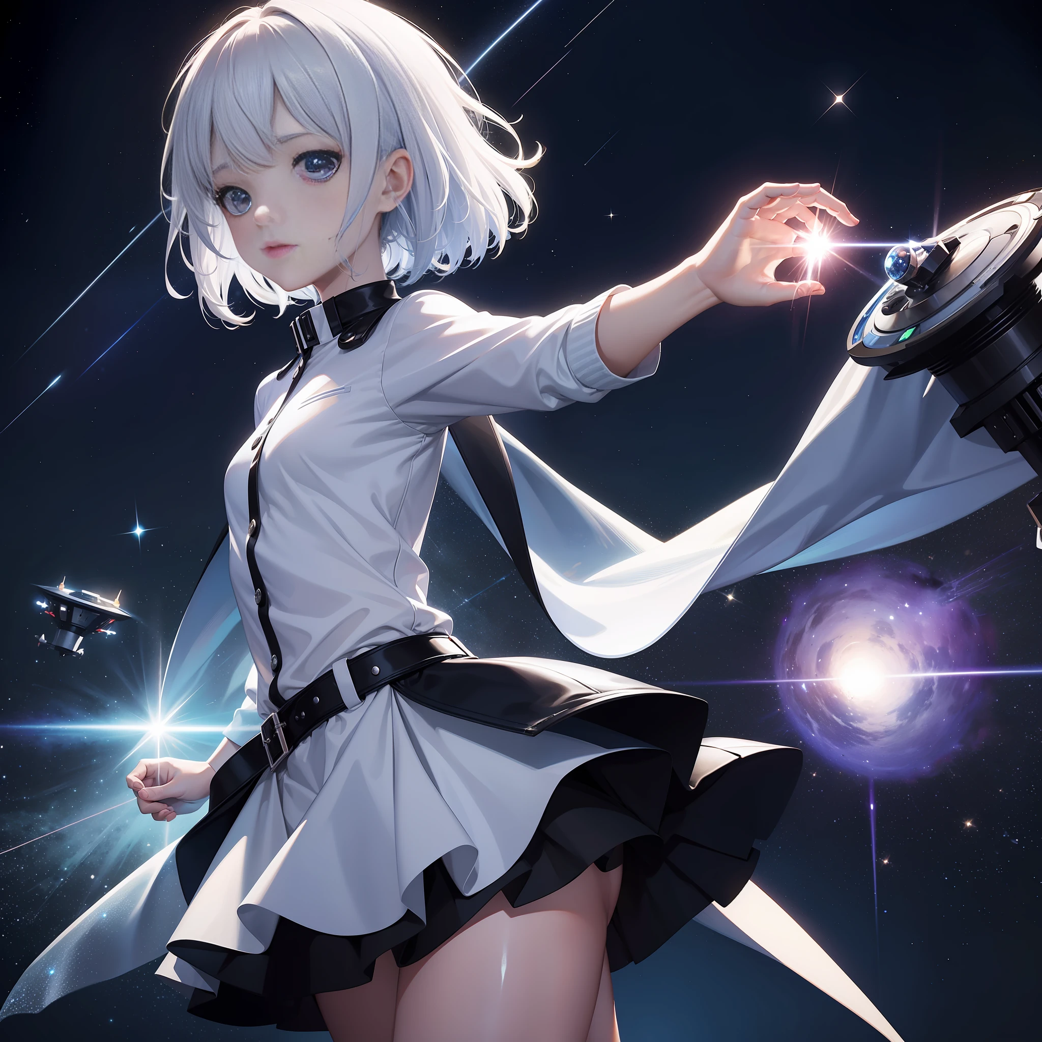 "(Best quality, masterpiece), one, alien spaceship, sparkly, short skirt, particle effect, cool breeze, shooting star tracks, upper body pose, minimalist background color"