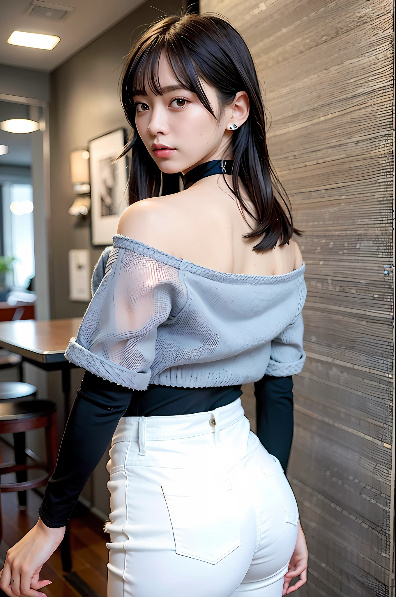 Top quality, super high resolution, one girl, off-the-shoulder white shirt, black jeans, black choker, (faded ash-gray hair: 1), look at the viewer, full body, ass