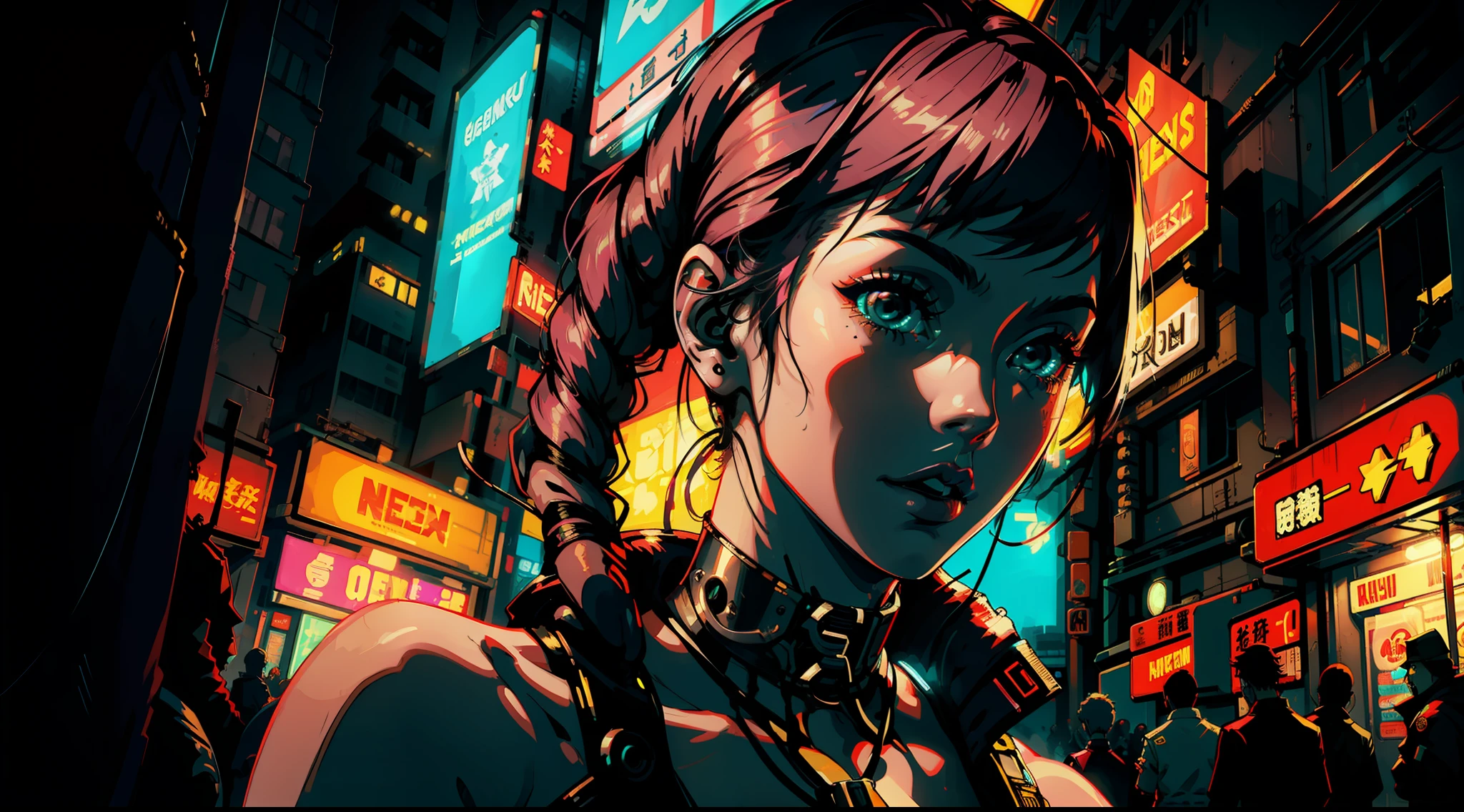 Femme magnifique ( néon cyberpunk ), neon sings, cyberpunk city, ramen shop, high detailed, high-quality, neon lights