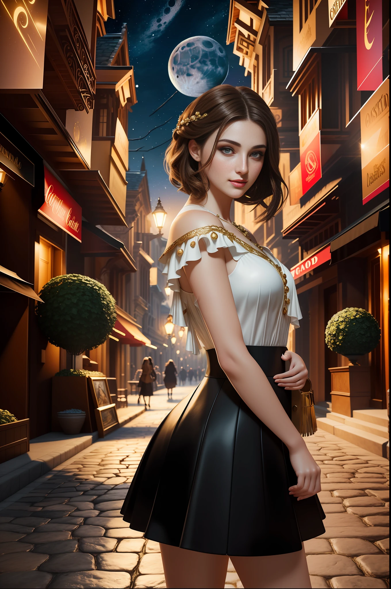 best quality, masterpiece, ultra resolution, (unreal engine: 1.4, realistic: 1.4), original photo, masterpiece, best quality, super detail, Illustrations, (bust shot, street, moon light), masterpiece, 1girl, solo exhibition, beautiful woman on bustling street, surrounded by vendors, beautiful goddess girl portrait, beautiful and detailed face, porcelain skin, ((bust lens, center, night, brunette hair, short hair)), super soft lighting, symmetry, complexity, elegance, high detail, realism , art, concept art, smile, fantasy costume, super fine costume,