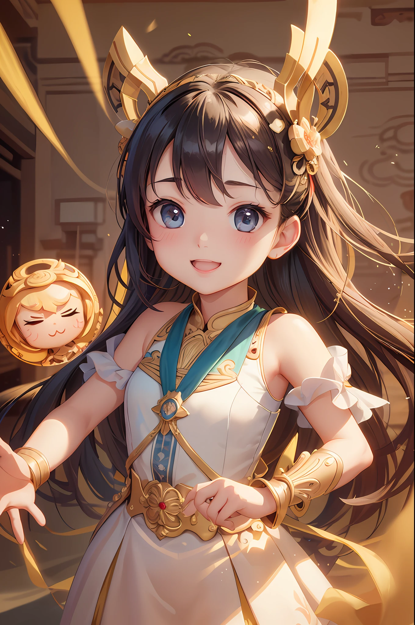 (RAW Photo, Best Quality), (Realistic, Photorealistic Photo: 1.3), Best Quality, (Highly Detailed), (Masterpiece), (Ultra Detailed)), Illustration, 1 Girl, Smile, Nose, Cute, (Beautiful Eyes), (Stereoscopic Facial Features), upper_body, Dynamic Angle, World Mastery Theater, (Floating Hair), Best Quality, (Extremely Detailed CG Uniform 8k Wallpaper), Ink, Amazing, Cinematic Lighting, lens_flare, (dunhuang_style), (cute), (Q version), (chibi), (3D), Athena