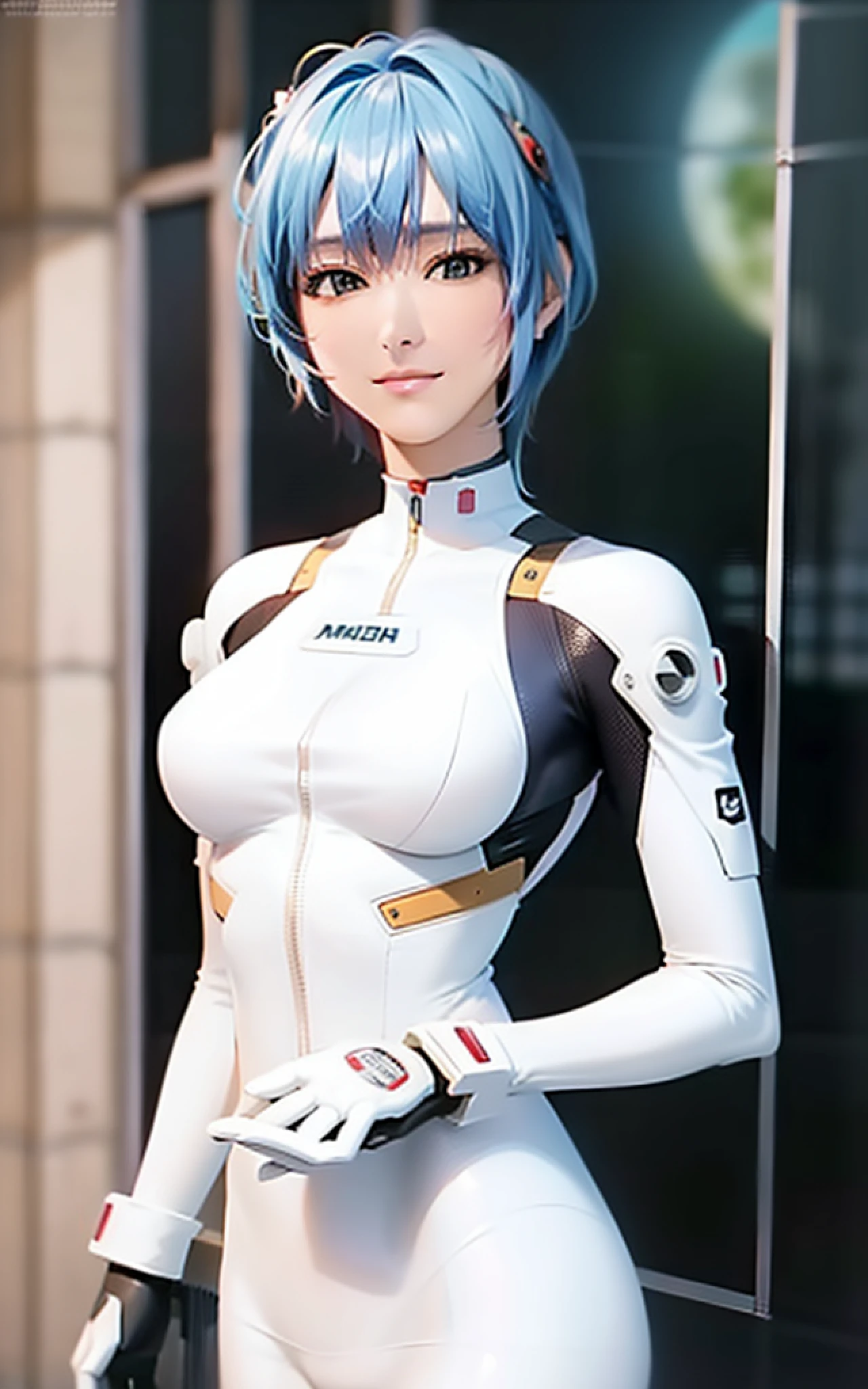 Masterpiece, top quality, 4k, 8k, ultra high resolution, realistic, light smile, (photorealistic, RAW photo, sharp focus: 1.4), highly detailed, detailed face, detailed background, rooftop of office building at night, moon, Rei Ayanami, Ayanami, Perfect Android Girl, Yui Arakaki, Gacky, Overwatch echo, Rogue anime girl Ayanami Rei inspired by Renmei, beautiful female android!, detailed cybersuit, big breasts, cyberpunk, integrated synthetic android, smooth white tight clothes suit,