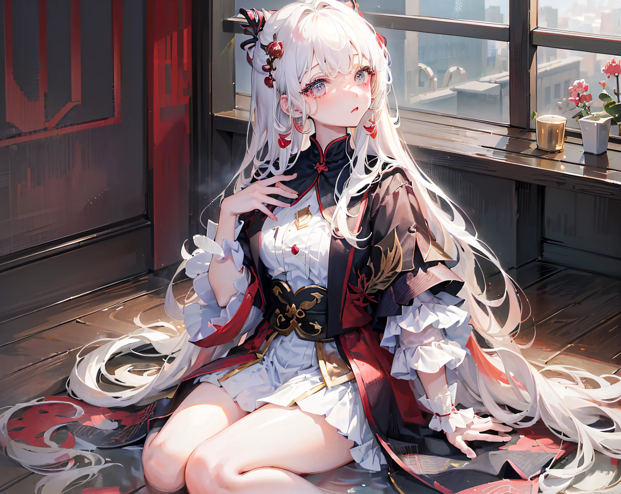 ((masterpiece)), ((high detail)), 1girl, ((ultra-detailed)),((精致的脸)), Beautiful detailed eyes, (White blonde hair in gradations with red highlights,gradient hair),long hair , 漂浮的头发, , 两眼之间的毛发, GSHead,1girl ,solo,red eyes,genshin_impact,look at the viewer, ((full_body,distant view)), ((white background)), (Tarot cards border, outside border), ,广角镜头, 强烈的光影, 电影镜头,((在天空中飘浮, 有棉花般的云朵)),((粉云环绕))