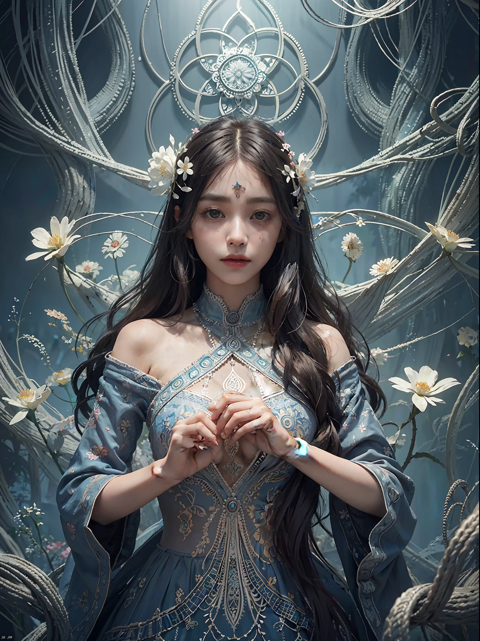 officialart,unity8kwallpaper,ultradetailed,beautifulandaesthetic,beautiful,masterpiece,bestquality,(zentangle,mandala,tangle,entangle),(ecstasyofflower:1.2)dynamicangle,cowboyshot,themostbeautifulformofchaos,elegant,abrutalistdesigned,vividcolours,romanticism,atmospheric,1girl, .