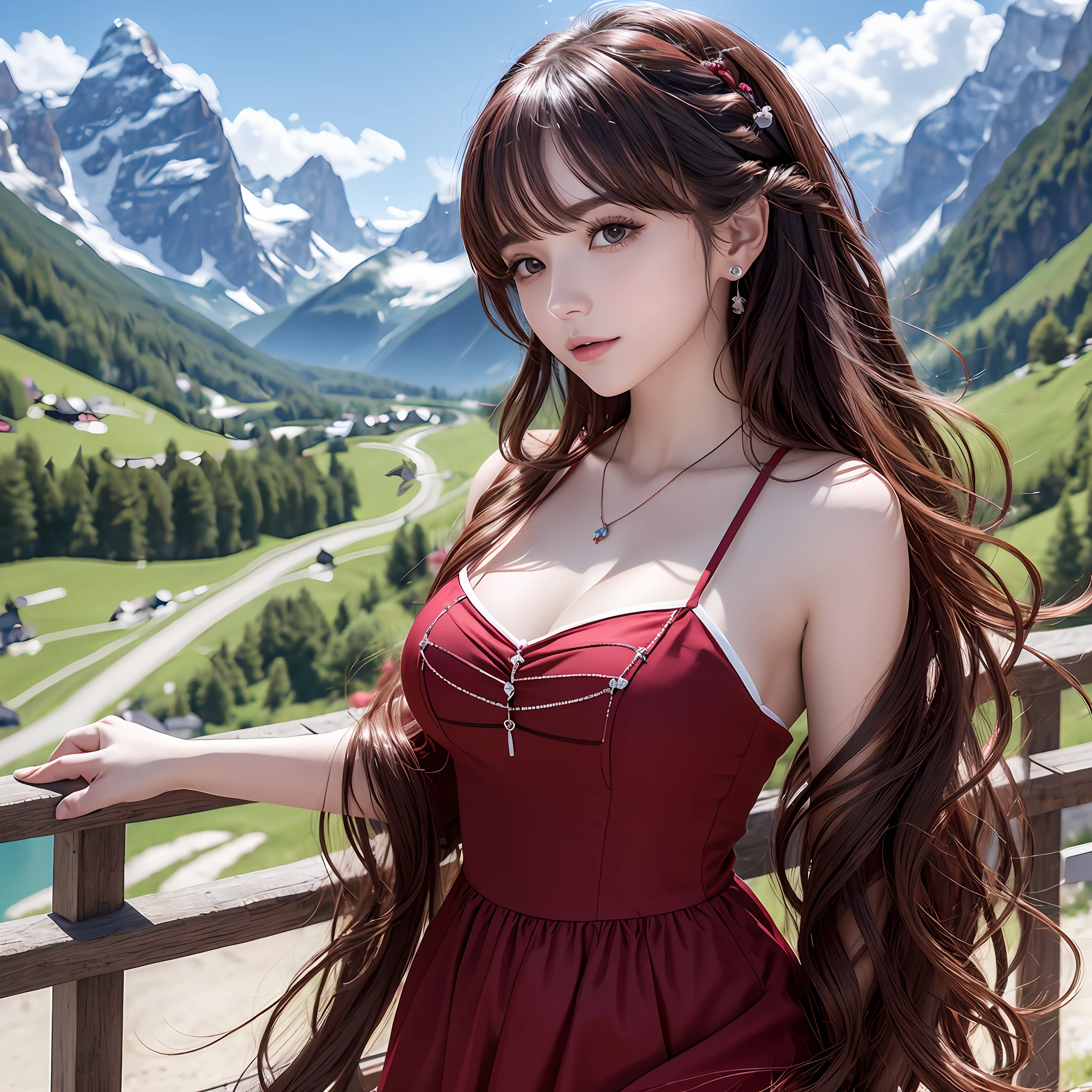 masterpiece,ultra realistic,32k,extremely detailed CG unity 8k wallpaper, best quality,
The Swiss Alps, Switzerland, ( Dark red A-line dress ) ,((spring day )), Beachy waves with a side part ,eardrop,lady ,necklace,