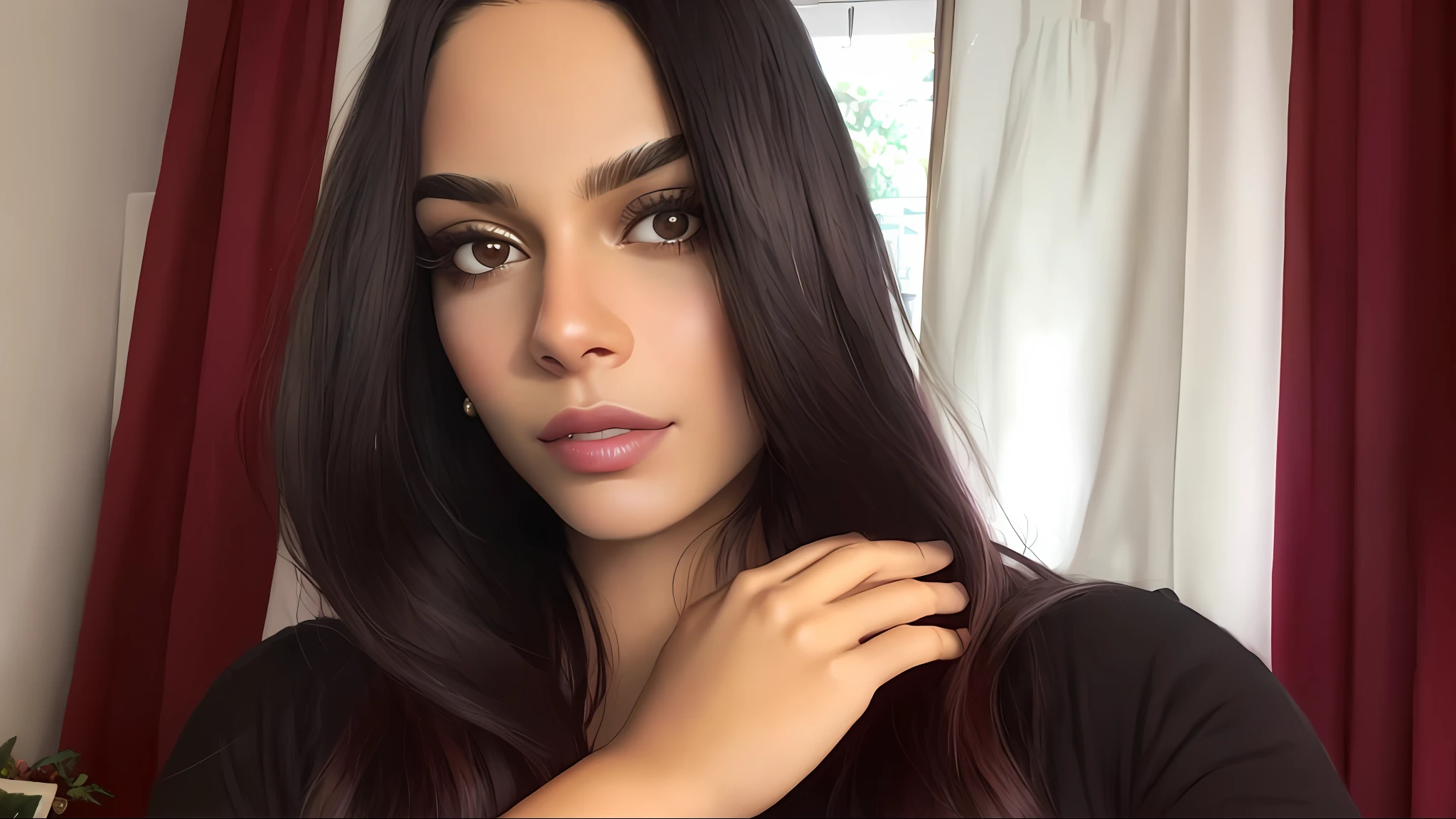 Closeup of Brazilian brunette woman resembling Juliana Paes, Fabiola Nascimento and Alanis Guillen with black hair and black eyes, lying in bed as the sleeping beauty wearing a beautiful and realistic modest pink sweater and looking at the camera, ultra-realistic, photorealistic