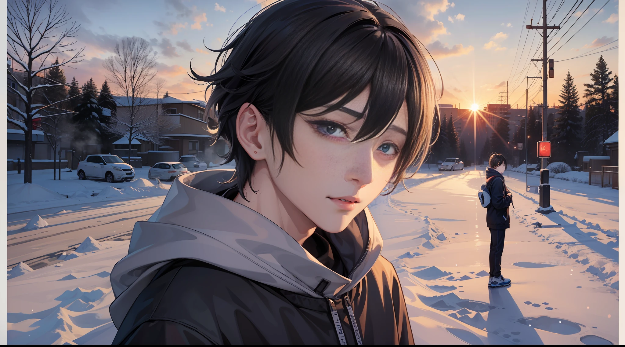 A man in a sweatshirt, standing in the snow, sunset, front face, close-up, inspired by Cai Xukun, Shin Jinying, Cheng Yanjun, Ruan Jian, Bian Luan, Jia Ruian