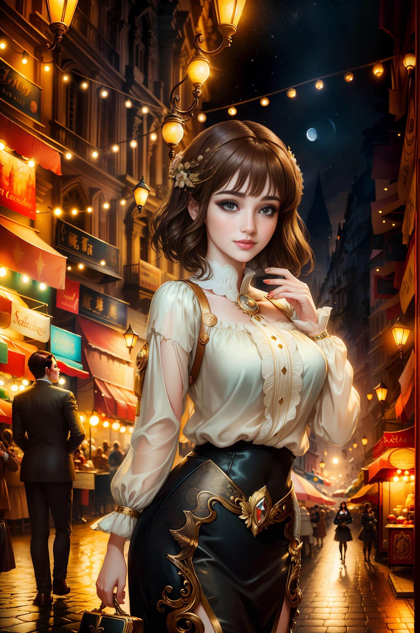 best quality, masterpiece, ultra resolution, (unreal engine: 1.4, realistic: 1.4), original photo, masterpiece, best quality, super detail, Illustrations, (bust shot, street, moon light), masterpiece, 1girl, solo exhibition, beautiful woman on bustling street, surrounded by vendors, beautiful goddess girl portrait, beautiful and detailed face, porcelain skin, ((bust lens, center, night, brunette hair, short hair)), super soft lighting, symmetry, complexity, elegance, high detail, realism , art, concept art, smile, fantasy costume, super fine costume,