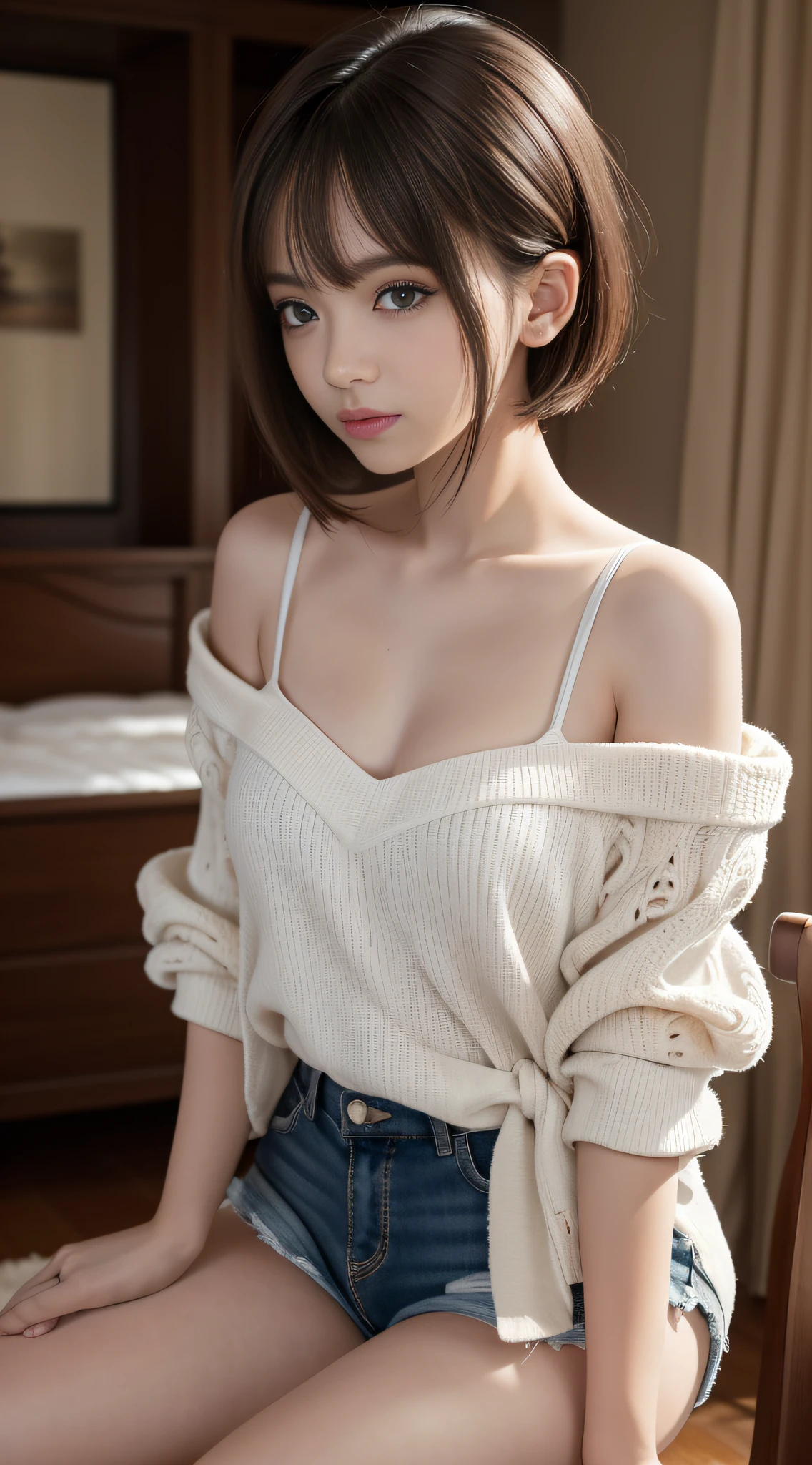 Best quality, (original photo: 1.2), (masterpiece: 1.4), (reality: 1.4), (high resolution: 1.4), 1girle, depth of field, sexy, intricate details, beauty girl, 18 years old, cute, sexy, shorts, short hair, playful, room, very detailed, perfect lighting, first-person perspective, close up, canon, ultra hd, masterpiece, super detail, high resolution