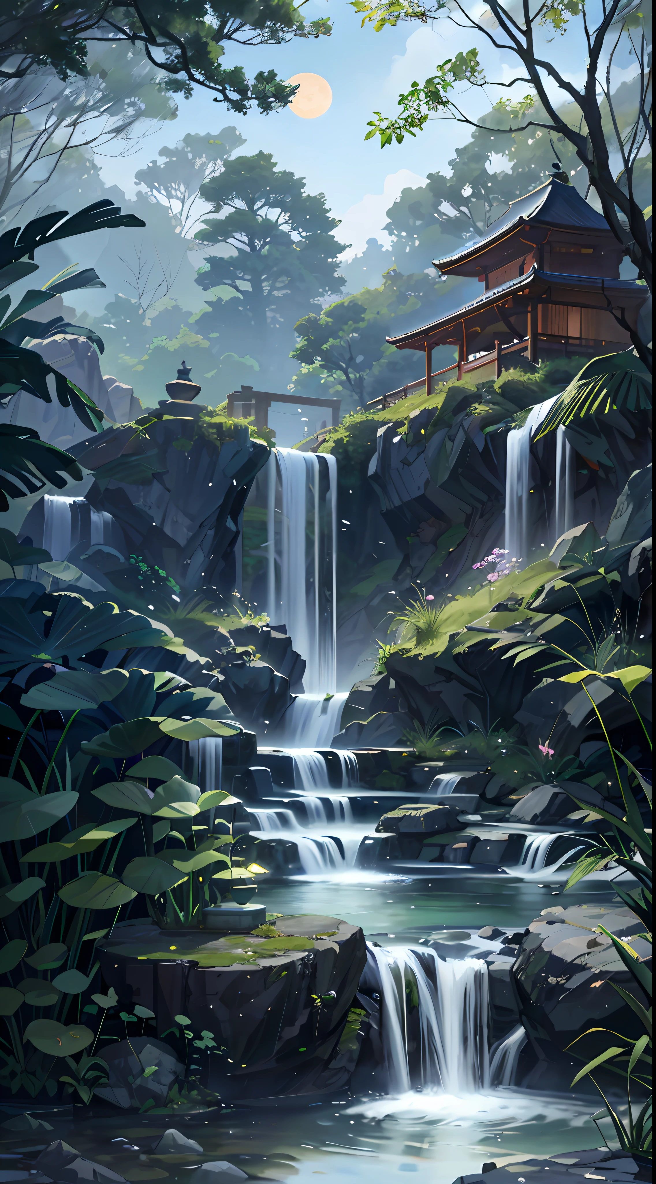9:16 Full picture, ancient Chinese architecture, hazy moon, night, garden, bamboo, lake, stone bridge, rockery, arch, corner, rockery, tree, running water, landscape, outdoor, waterfall, grass, rock, water lily, hot spring , Water Vapor, (Illustration: 1.0), Epic Composition, Detail Enhancement, Detail Enhancement. Realistic lighting, HD details, masterpiece, best quality, (very detailed CG unity 8k wallpaper), (best quality)