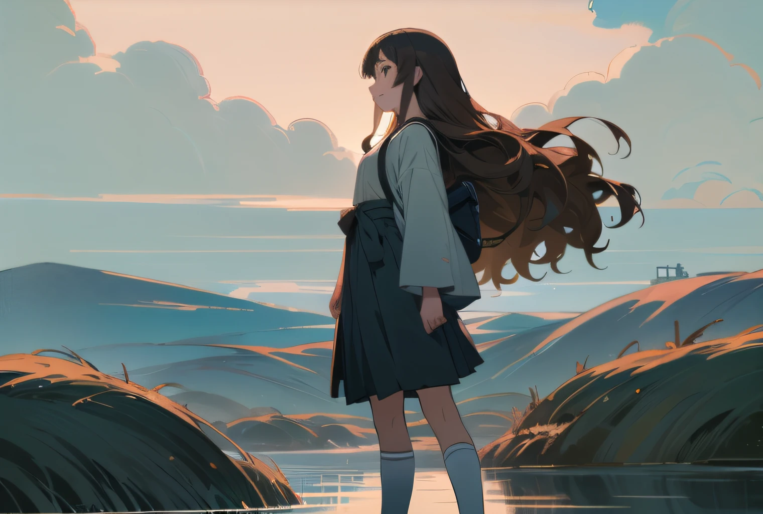 anime girl standing on a rock looking out over a lake, makoto shinkai cyril rolando, in style of makoto shinkai, makoto shinkai art style, anime art wallpaper 8 k, makoto shinkai style, anime girl walking on water, anime girl with long hair, anime style 4 k, digital anime illustration, anime art wallpaper 4k
