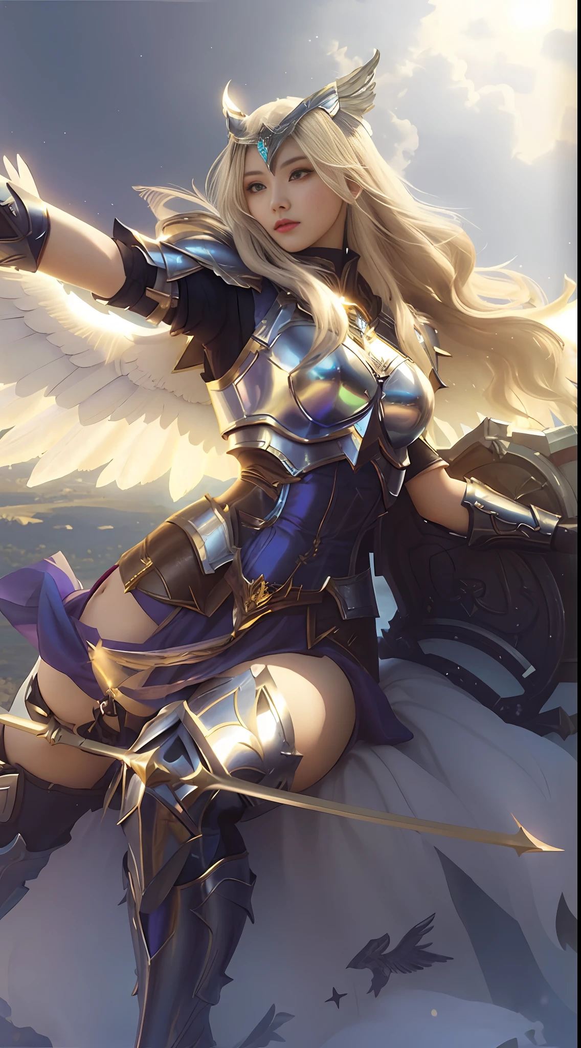 a woman in armor with wings flying through the air, extremely detailed artgerm, angel knight girl, lux from league of legends, style artgerm, ashe, ig model | artgerm, as seen on artgerm, artgerm detailed, as a mystical valkyrie, artgerm style, armor angle with wing, style of artgerm