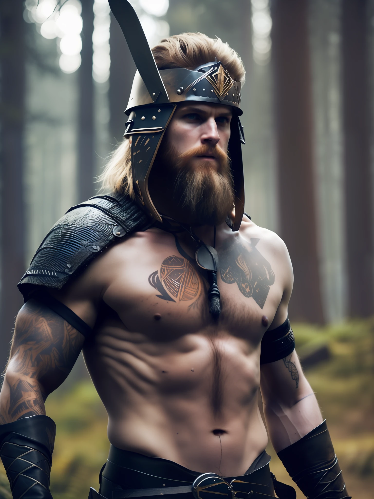 fking_scifi_v2, portrait of a very handsome blond young Viking warrior, tattooed, hairy body, wearing a Viking helmet, holding an axe in front of a smoky forest, close-up, victory pose and attitude.