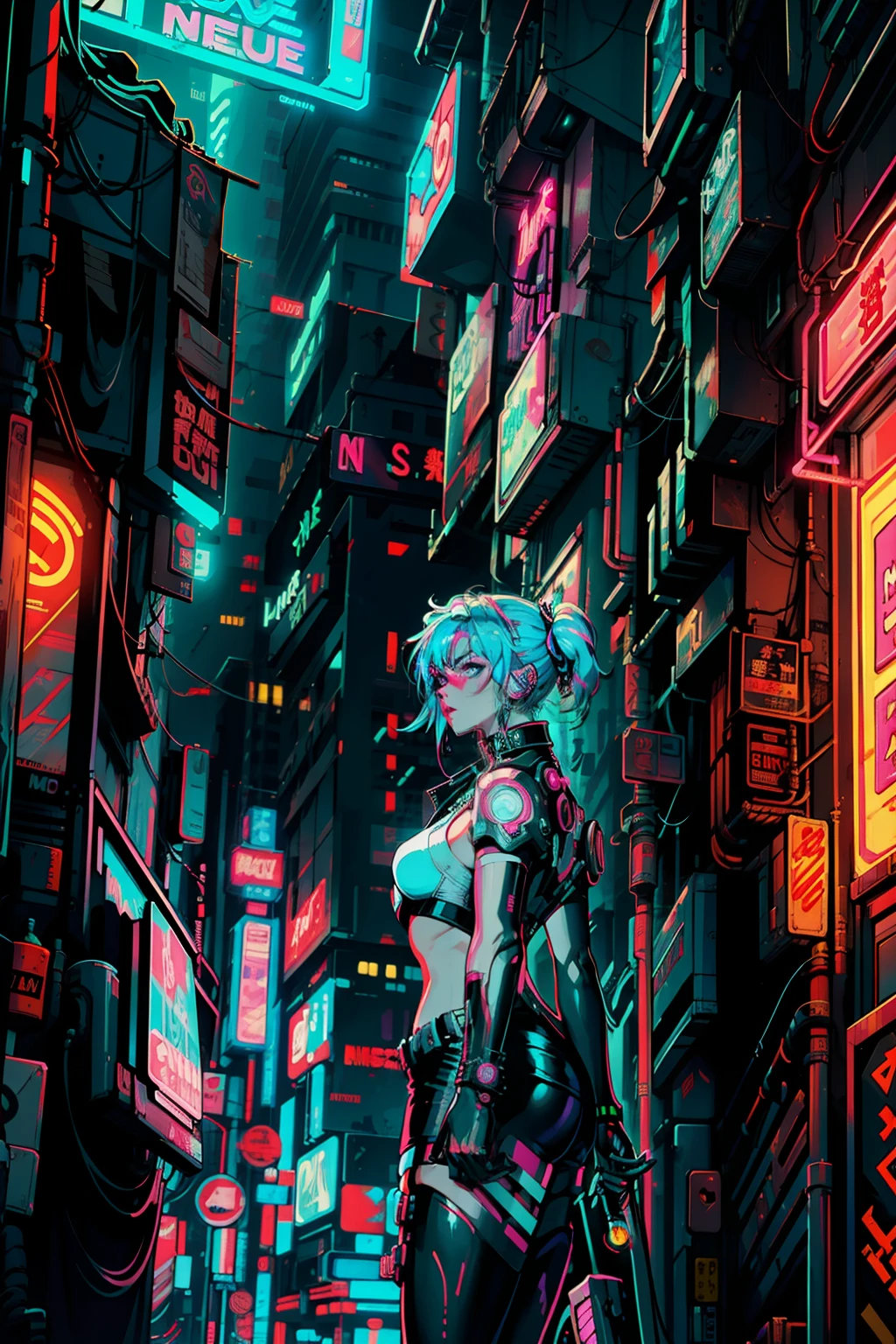 Femme magnifique ( néon cyberpunk ), neon sings, cyberpunk city, ramen shop, high detailed, high-quality, neon lights
