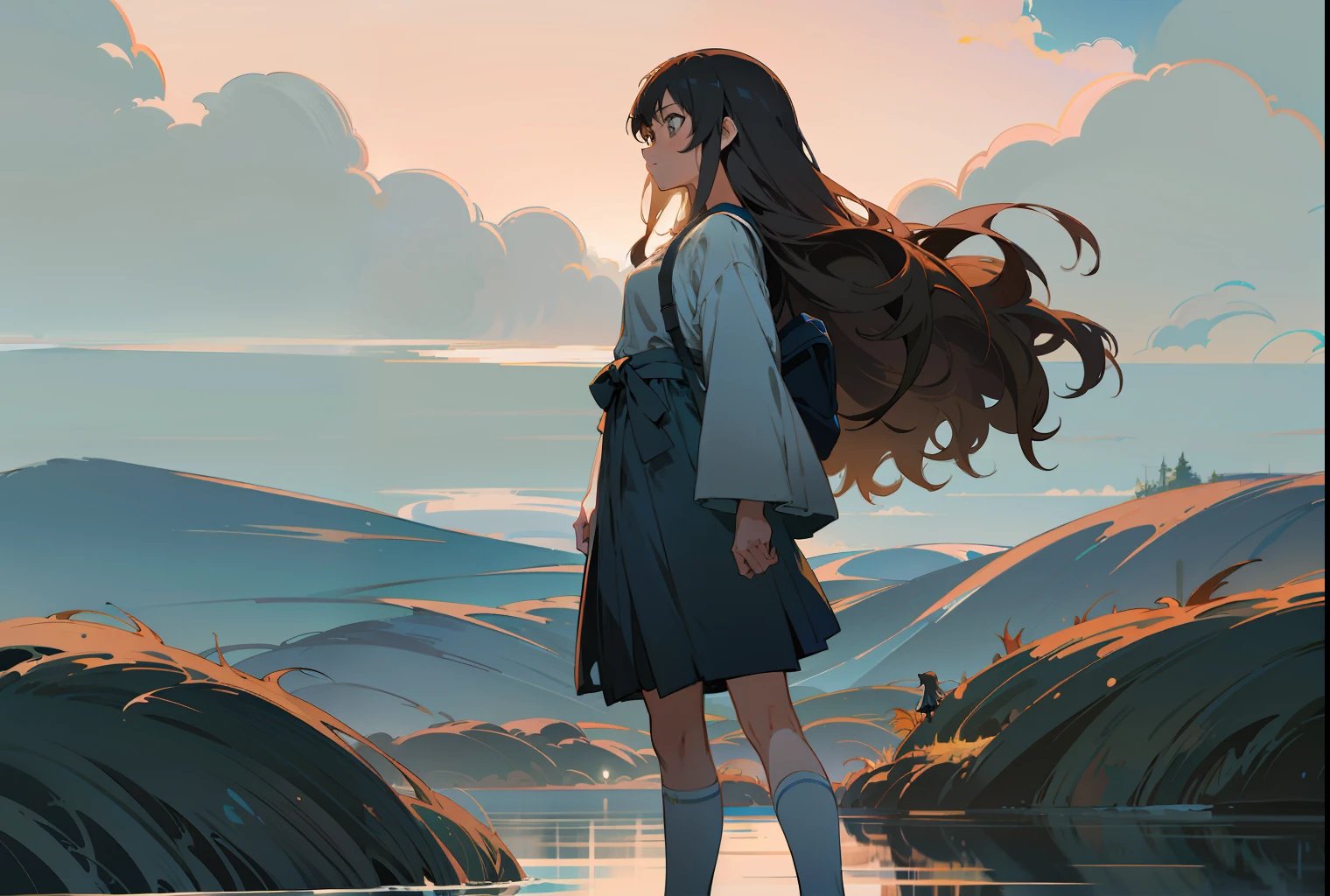 anime girl standing on a rock looking out over a lake, makoto shinkai cyril rolando, in style of makoto shinkai, makoto shinkai art style, anime art wallpaper 8 k, makoto shinkai style, anime girl walking on water, anime girl with long hair, anime style 4 k, digital anime illustration, anime art wallpaper 4k