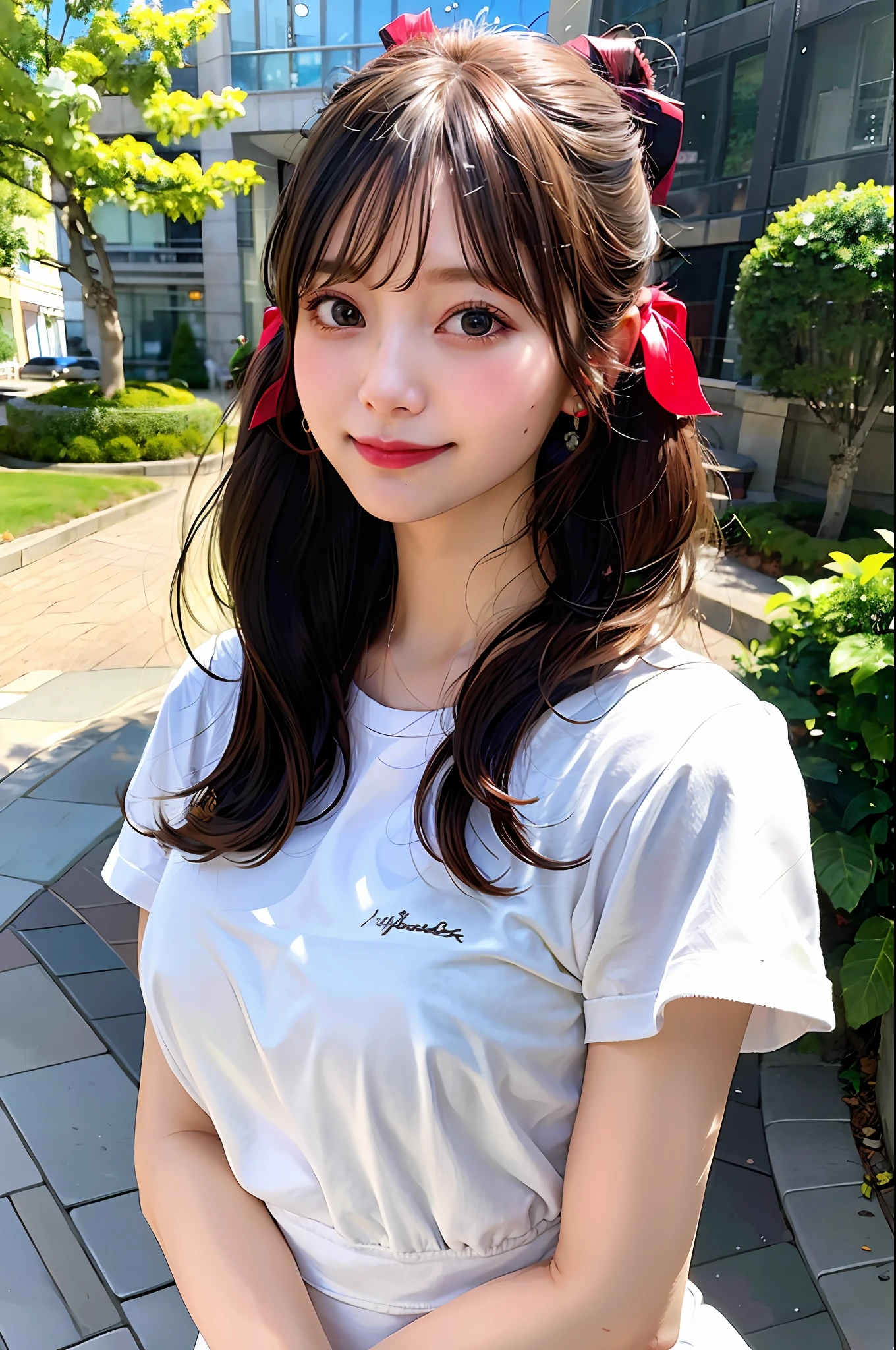 (8k, RAW photos,best quality, high resolution:1.1), (hyperrealistic:1.4),(realistic, photorealistic:1.3), soft light,big breasts,girl,realistic face,realistic body,realistic skin,absurdity,masterpiece,(cute:1.8), cuties, solo, (big breasts:1.2), detailed black eyes,innocent eyes,blusher,(t-shirt:1.2), cinema light,film grain,jewelry,earrings,((Medium hair:1.1)),((Floating Hair Novafrog Style)),cherry colored lips,hair ribbon,hair bow,ponytail,closeup,look viewer,long hair,upper body,open lips,upper teeth, (smiling eyes:0.6),((grinning:1.2)),depth of field, blurred background, eye focus, Bokeh,Young, 85mm Lens, f/1.4,Professional Lighting, Young,Portrait,Photon Mapping,Radiosity,Physically Based Rendering/Braless