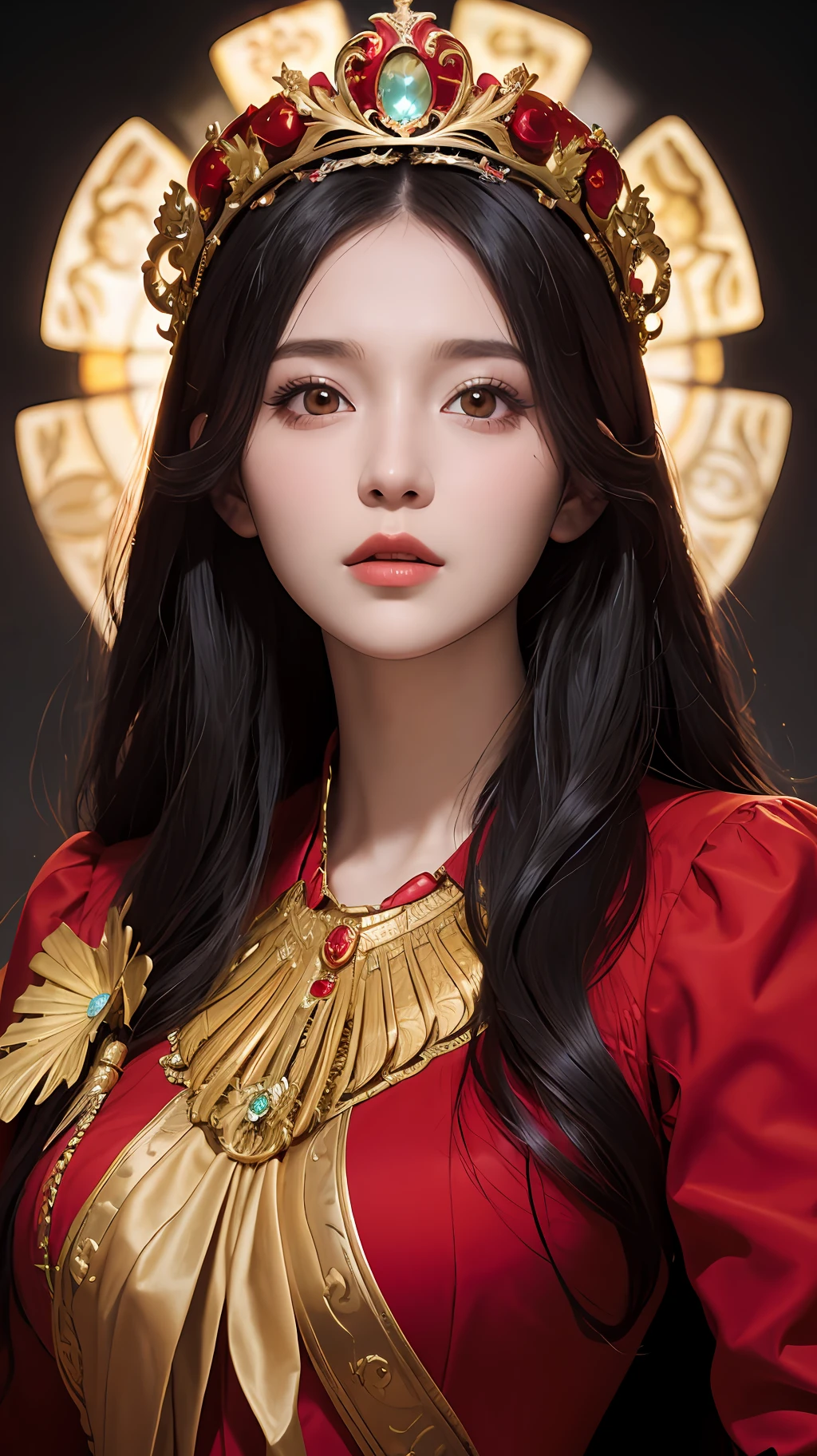 In the Dark: 1.6), surreal female portrait by David Hockney and Alphonse Mucha, fantasy art, korea doll, photorealism, dynamic lighting, artstation, poster, volumetric lighting, very detailed faces, 8k ultra, all body, Awarded,, 1girl, in the dark, deep shadow, low key, cowboy lens, (Red phoenix dress: 1.4), long hair, black hair, bust, luxurious palace, Royal style, Princess crown, Big round black eyes, style Royal, The most beautiful face, big and regular breasts,