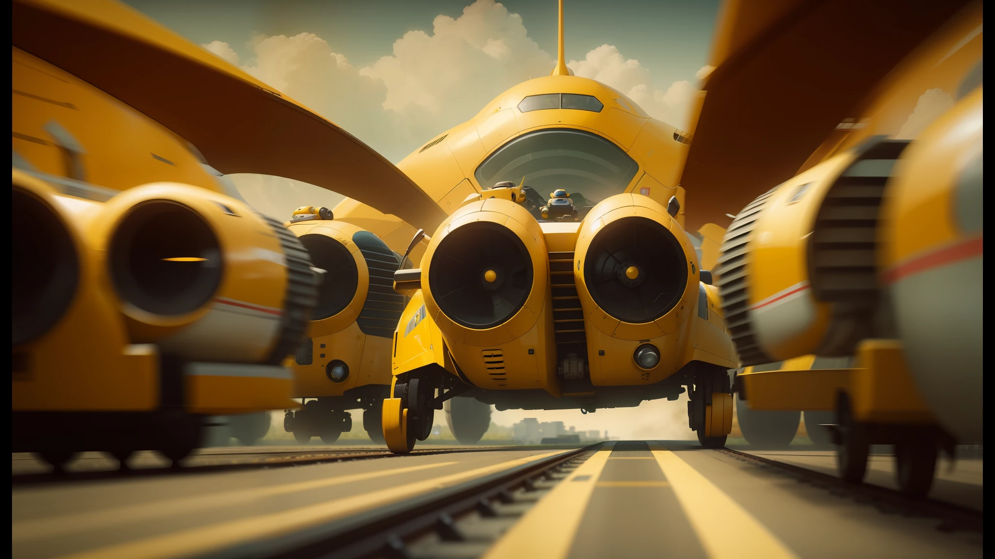 there are three yellow robots that are sitting on a train track, 2 0 2 1 cinematic 4 k framegrab, victor ngai, airplanes, trending on vehicle design, inspired by Ferenc Joachim, adrian borda, speedy aircraft, impactful ambient, serge birault