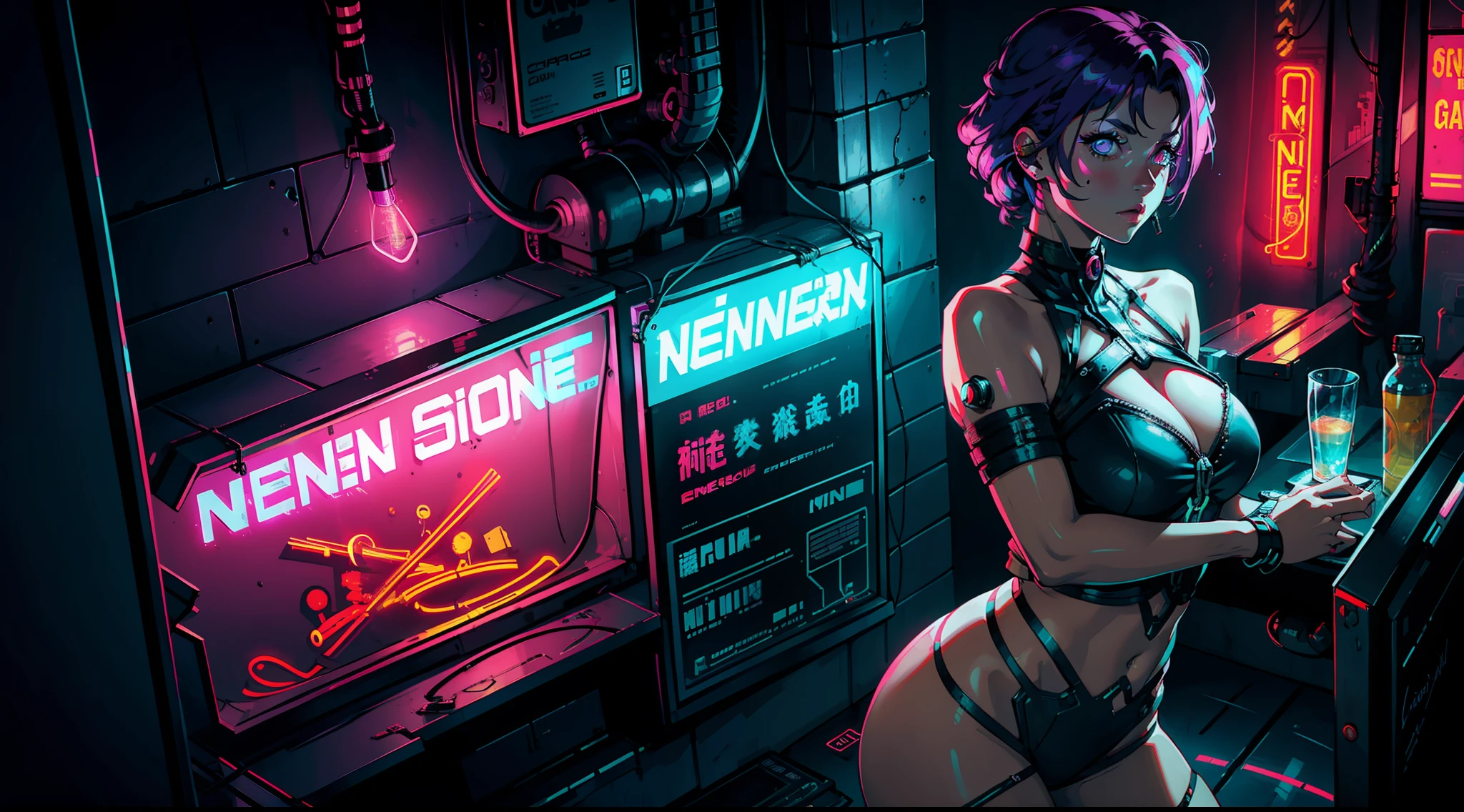 Femme magnifique ( néon cyberpunk ), neon sings, cyberpunk city, ramen shop, high detailed,  high-quality,  neon lights