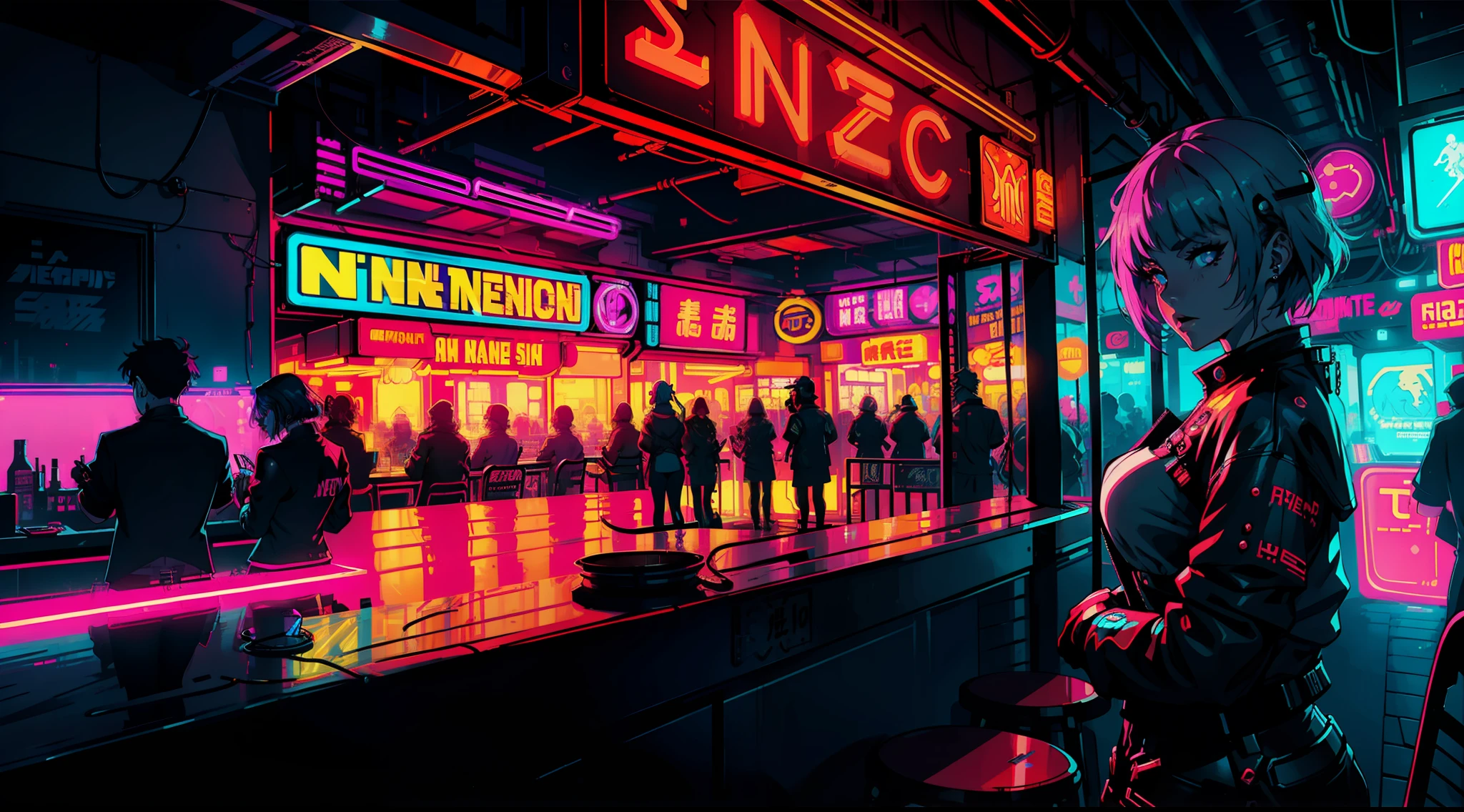 Femme magnifique ( néon cyberpunk ), neon sings, cyberpunk city, ramen shop, high detailed, high-quality, neon lights