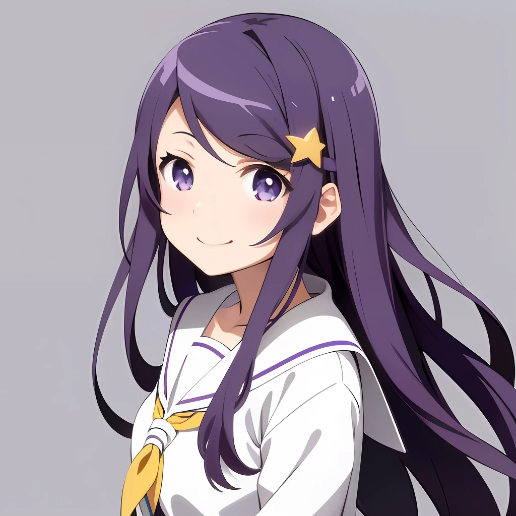(Masterpiece, Excellent), 1girl, Ai Hoshino, long purple hair, purple pupils, star pupils, hair accessories, smile, white background
